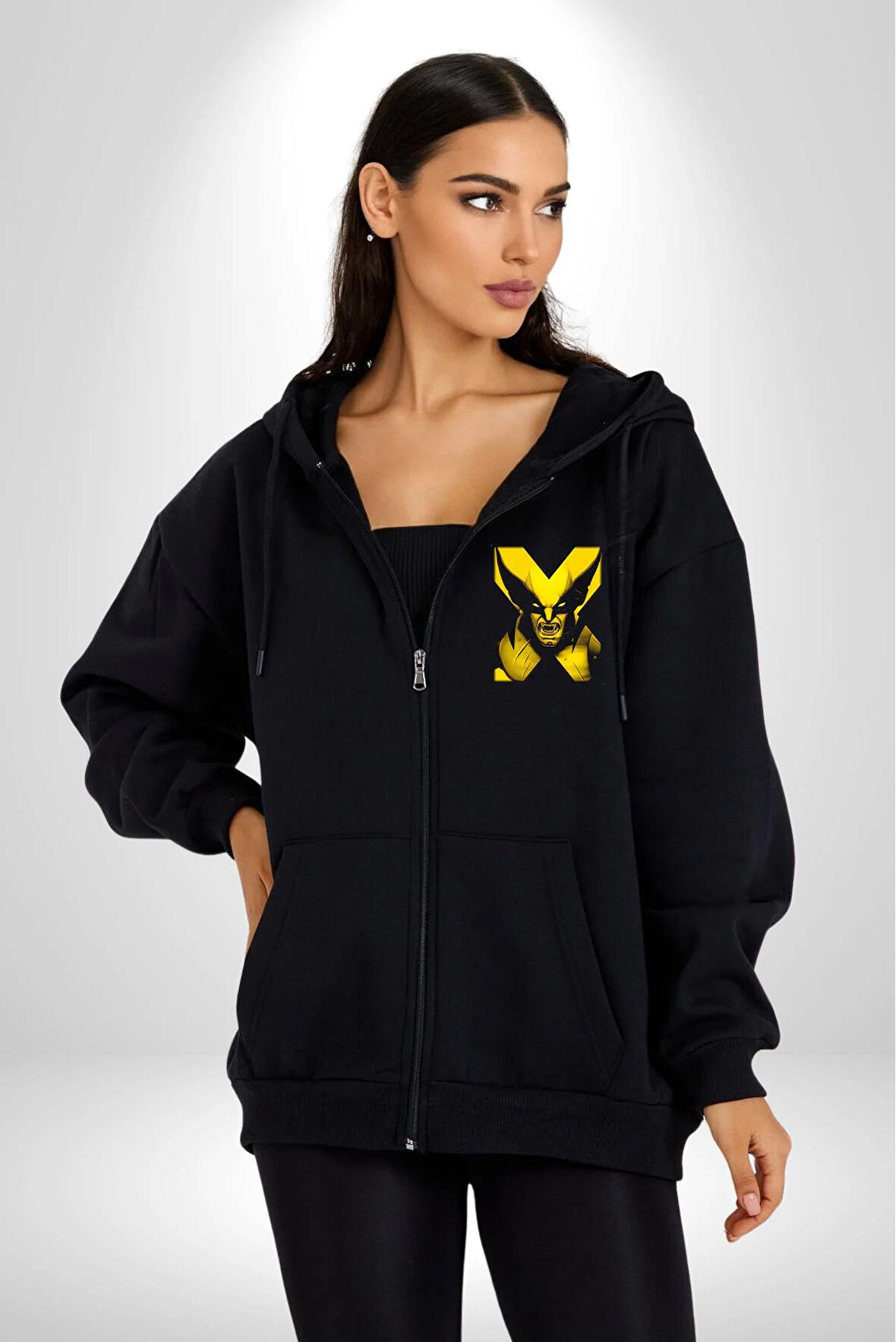 X-Men Wolverine Kadın Erkek Siyah Kapüşonlu Fermuarlı Baskılı Hırka Sweatshirt
