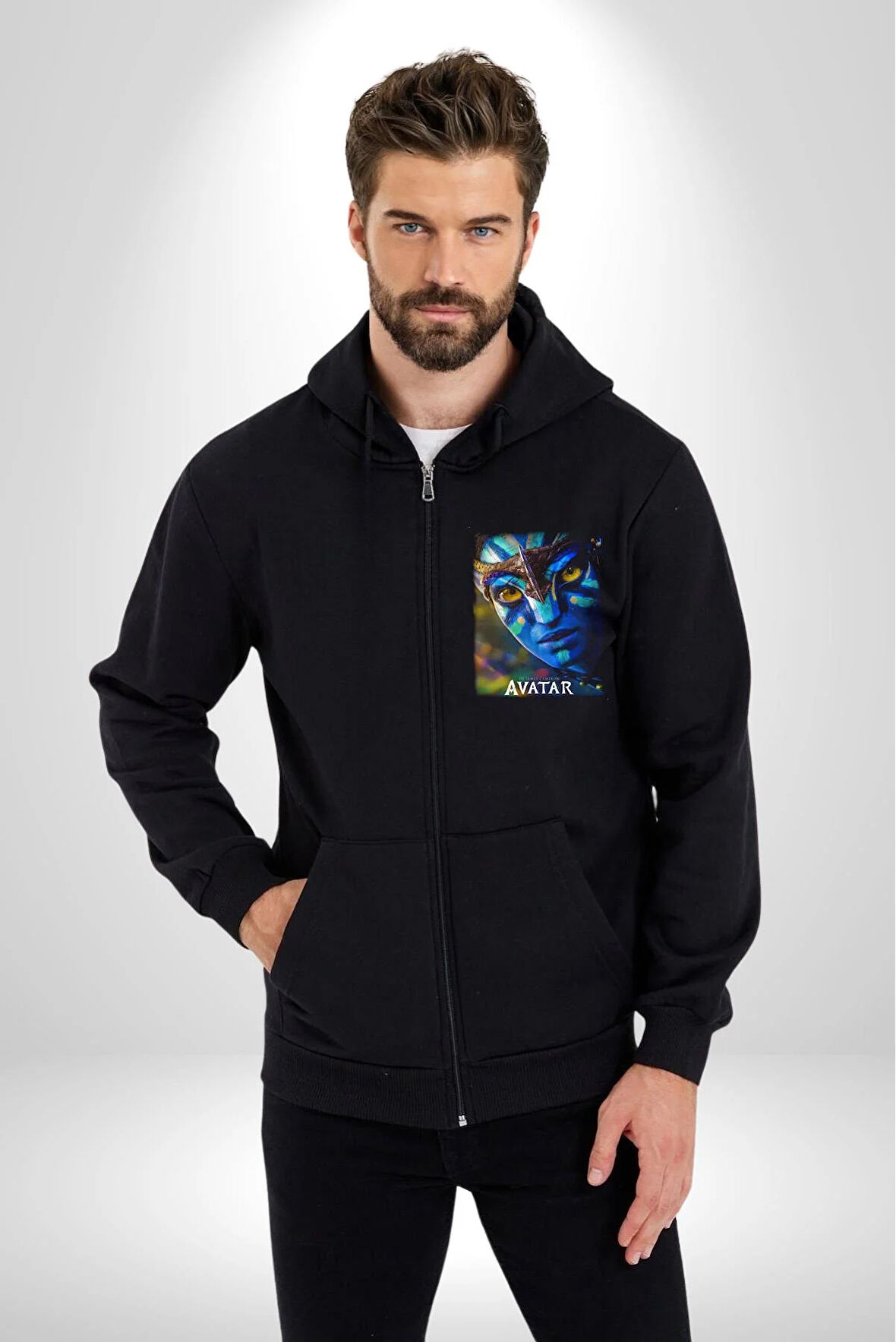 Avatar Film Kadın Erkek Siyah Kapüşonlu Fermuarlı Baskılı Hırka Sweatshirt
