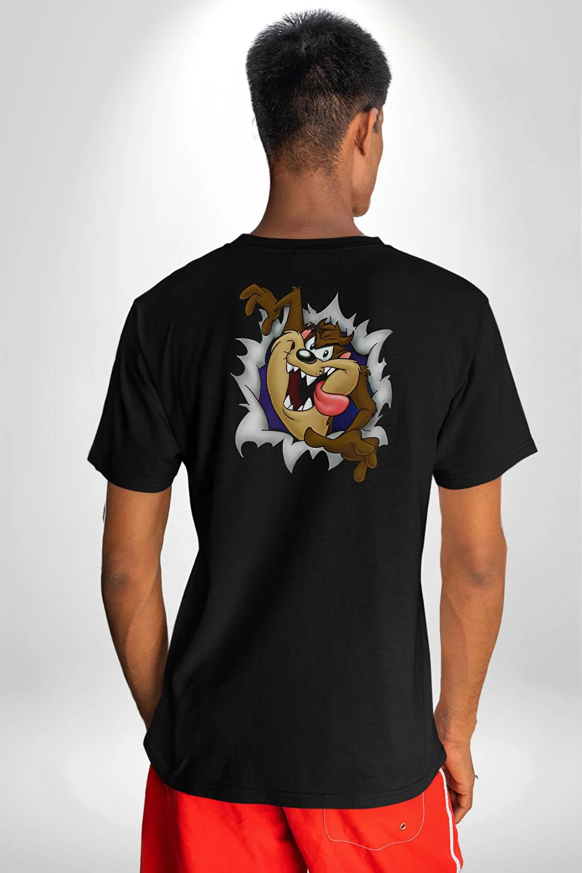 Tazmania Çanavarı Pamuklu Kadın Erkek Oversize Sırt Dijital Baskılı Siyah T-shirt