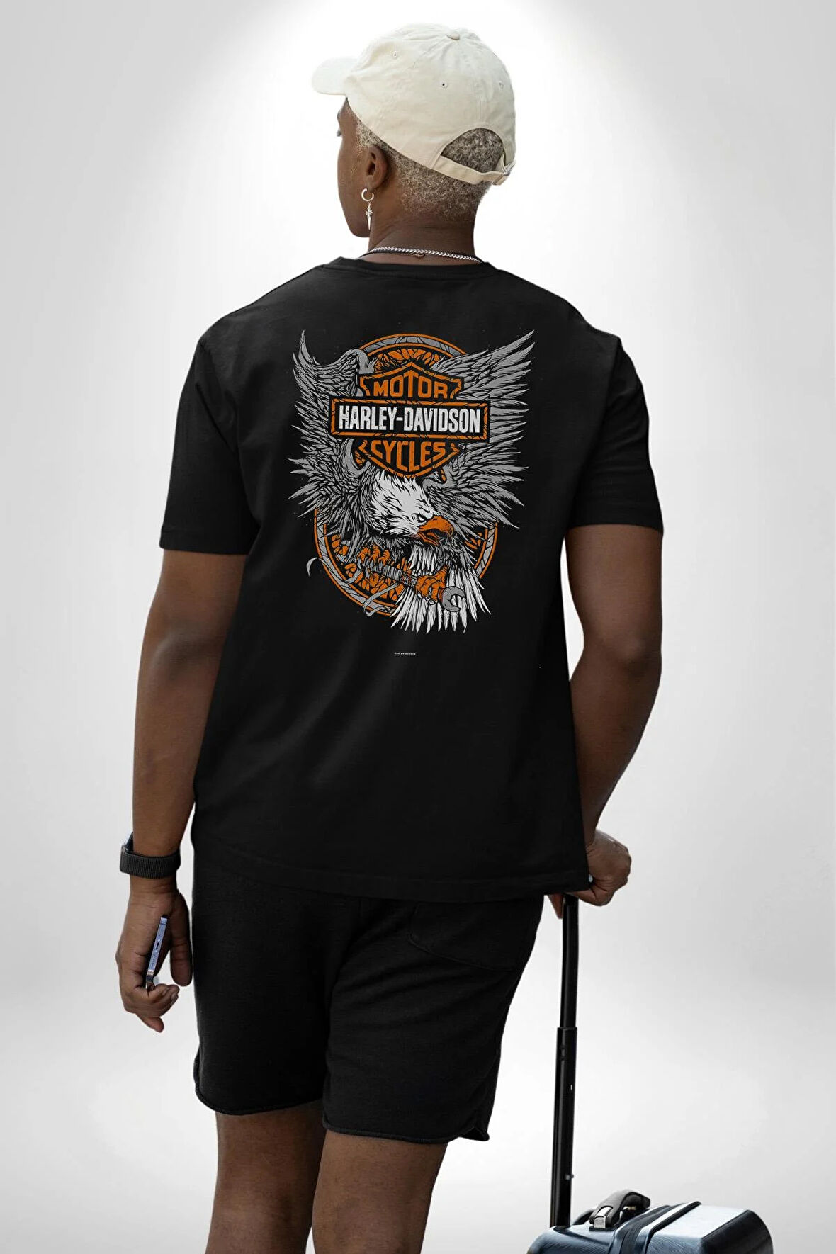 Motor Harley Davidson Pamuklu Kadın Erkek Oversize Sırt Dijital Baskılı Siyah T-shirt