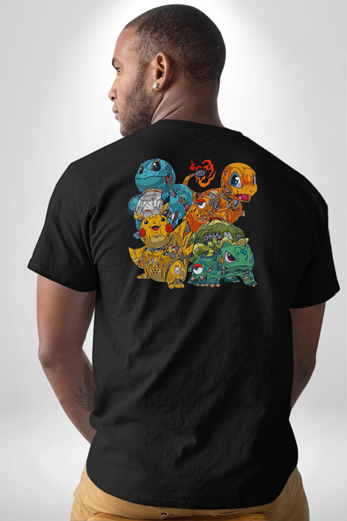 Robot Pokemon Balbazar Pickachu Pamuklu Kadın Erkek Oversize Sırt Dijital Baskılı Siyah T-shirt