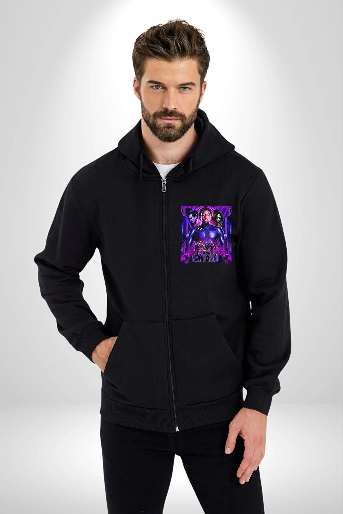 Black Panther 2 Karakterleri Kadın Erkek Siyah Kapüşonlu Fermuarlı Baskılı Hırka Sweatshirt