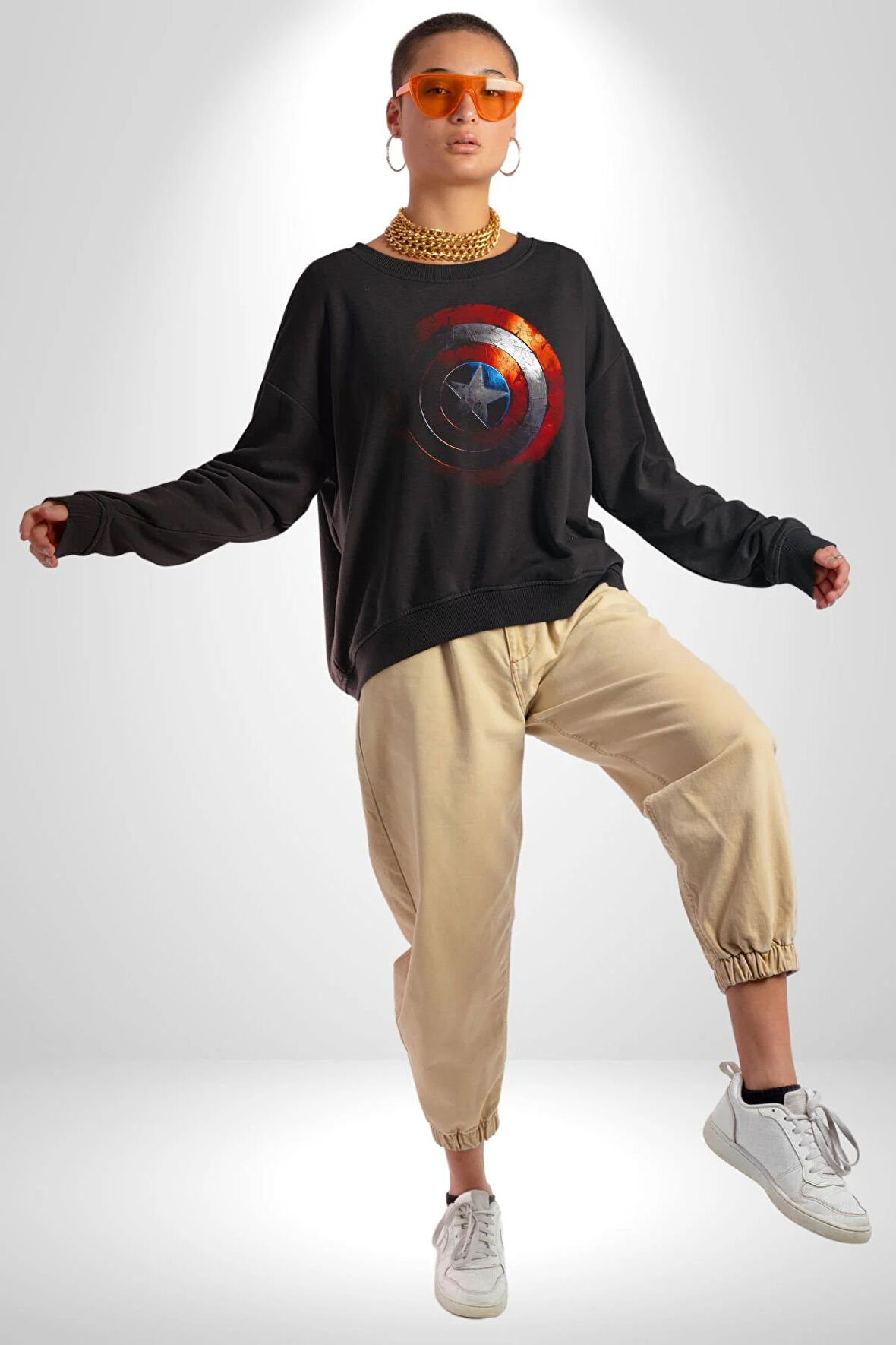 Kaptan Amerika Kalkan Kadın Erkek Siyah Sweatshirt 