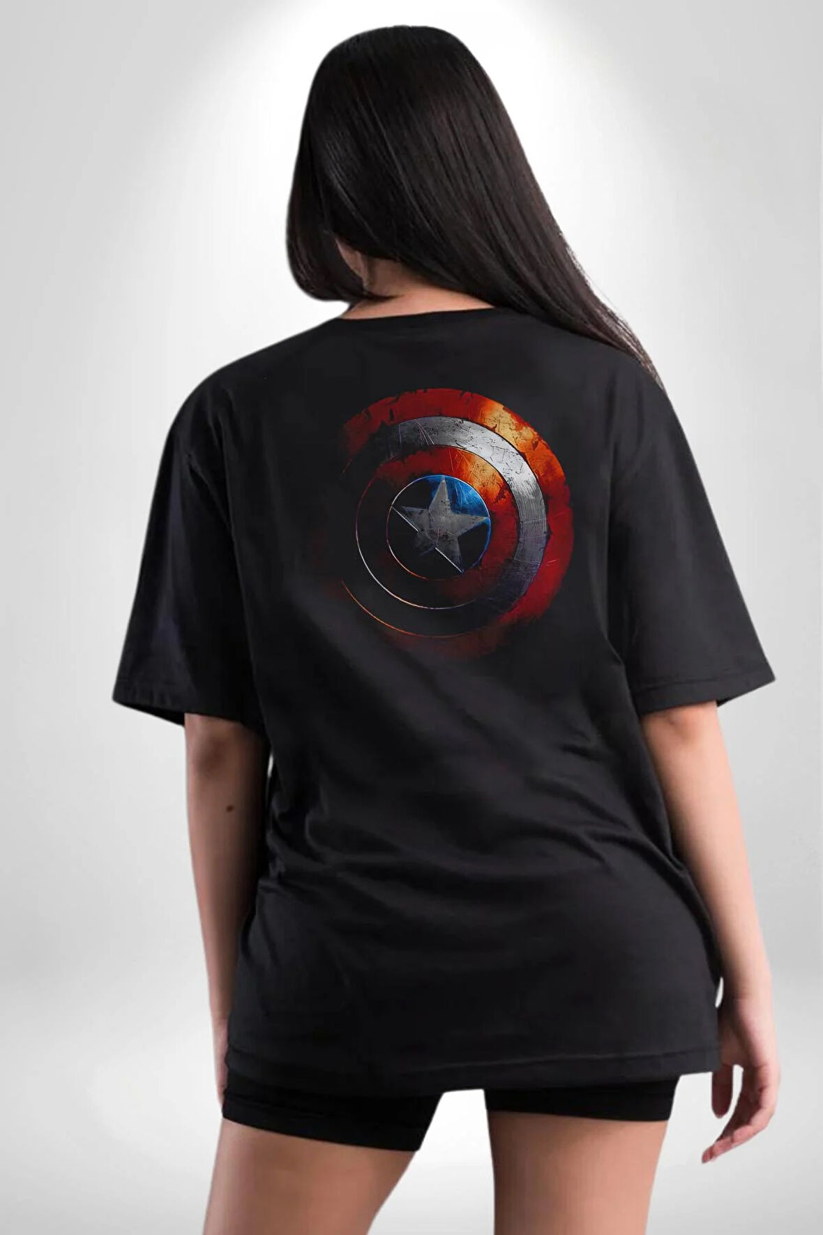 Kaptan Amerika Kalkan Pamuklu Kadın Erkek Oversize Sırt Dijital Baskılı Siyah T-shirt