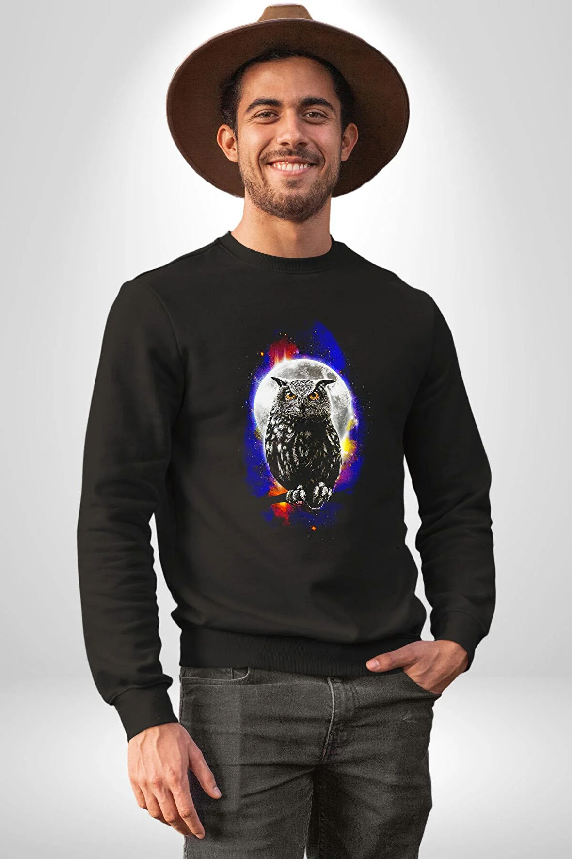 Baykuş Ay Gece Uğur Kadın Erkek Siyah Sweatshirt 