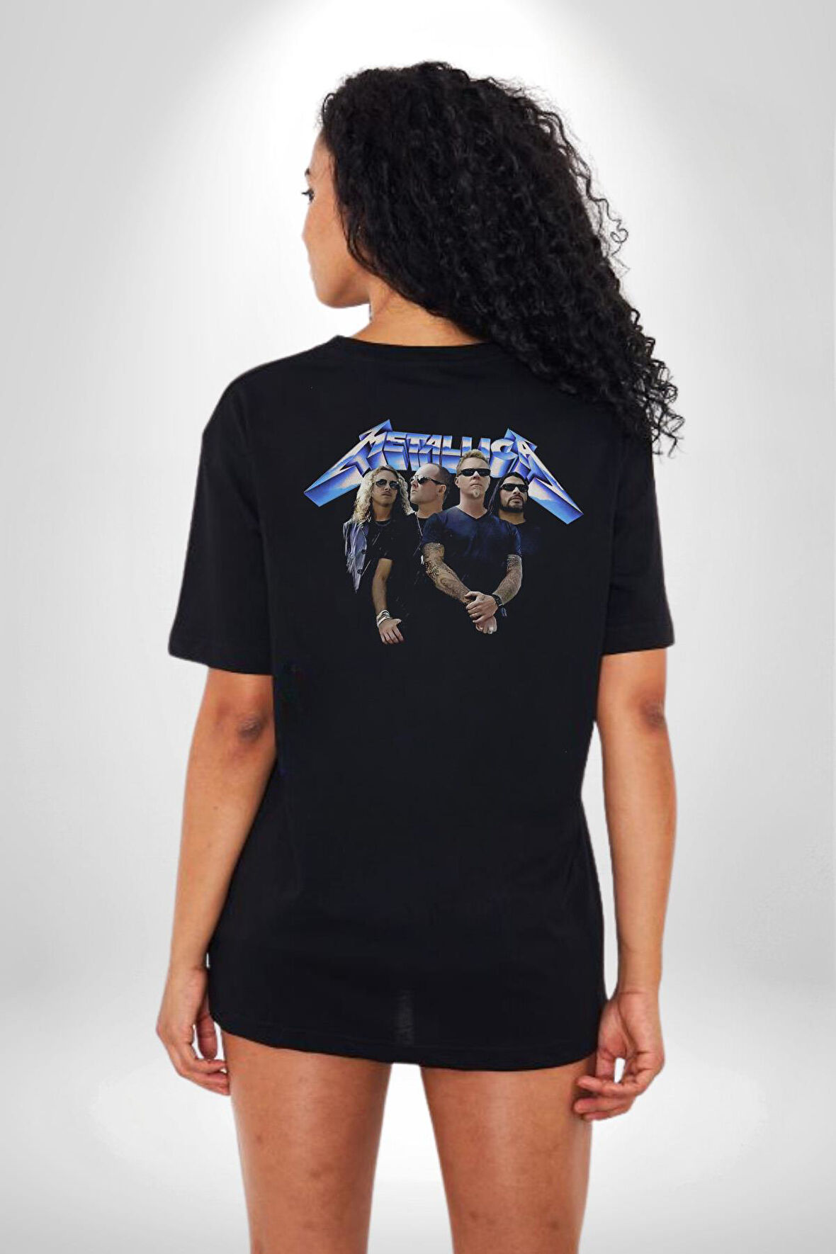 Metalica Rock Grup  Pamuklu Kadın Erkek Oversize Sırt Dijital Baskılı Siyah T-shirt