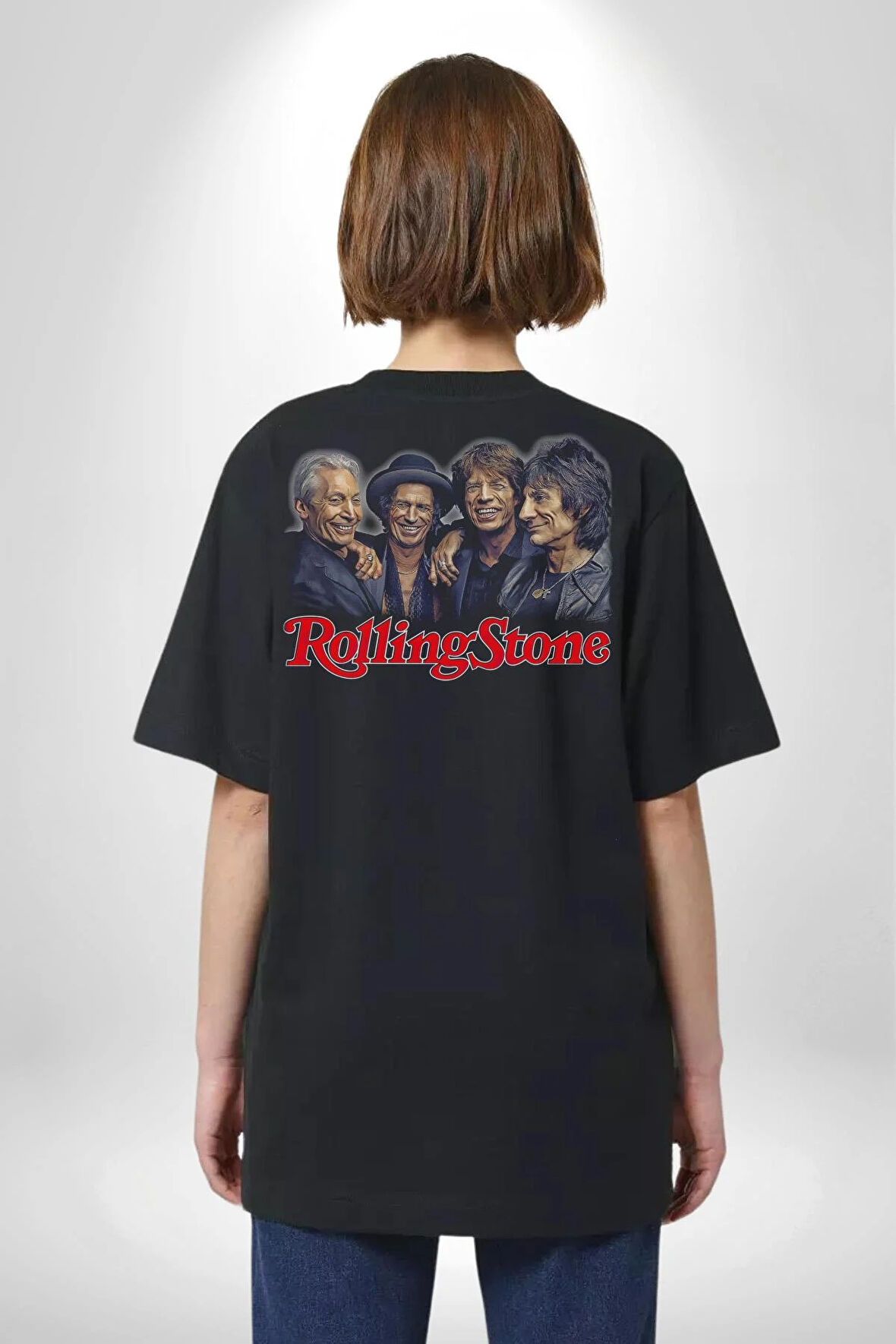 Rolling Stone Şarkıcılar Rock  Pamuklu Kadın Erkek Oversize Sırt Dijital Baskılı Siyah T-shirt