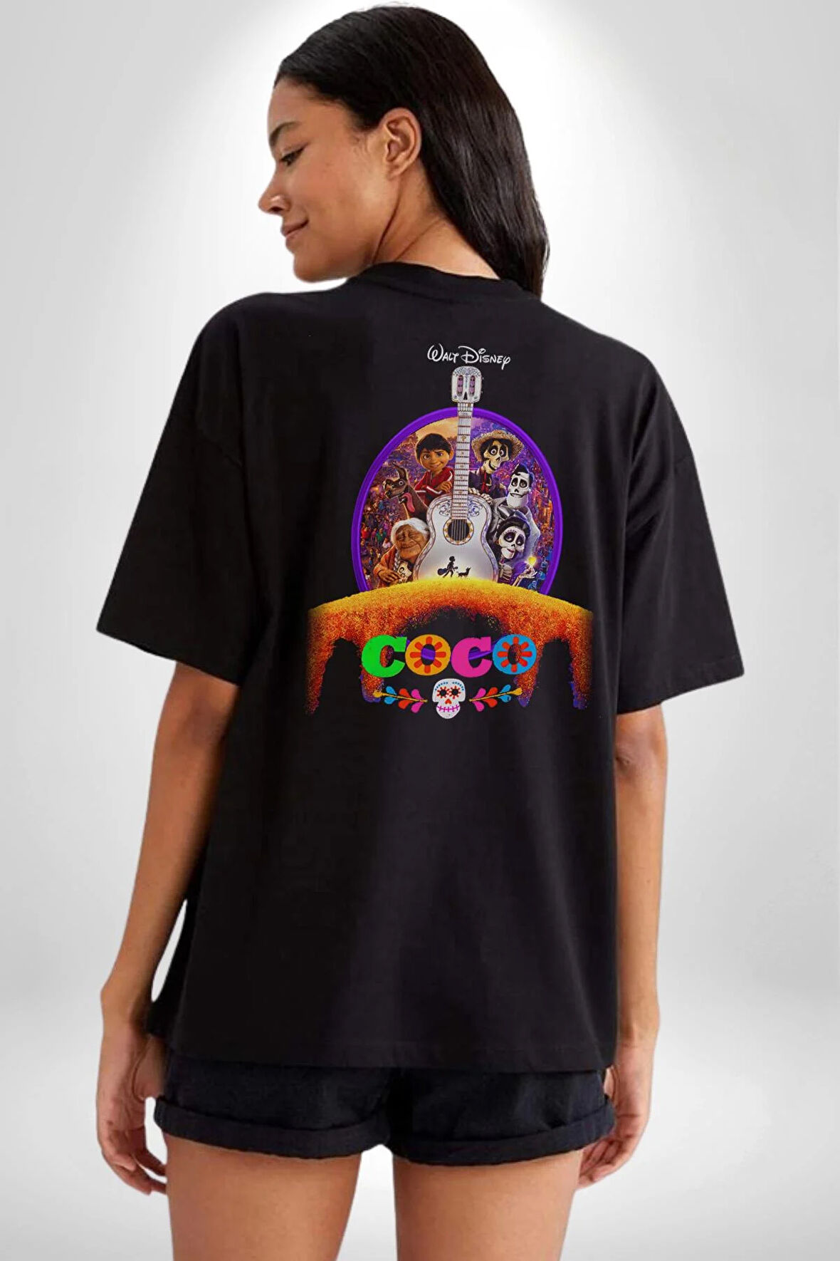 COCO Animasyon Pamuklu Kadın Erkek Oversize Sırt Dijital Baskılı Siyah T-shirt