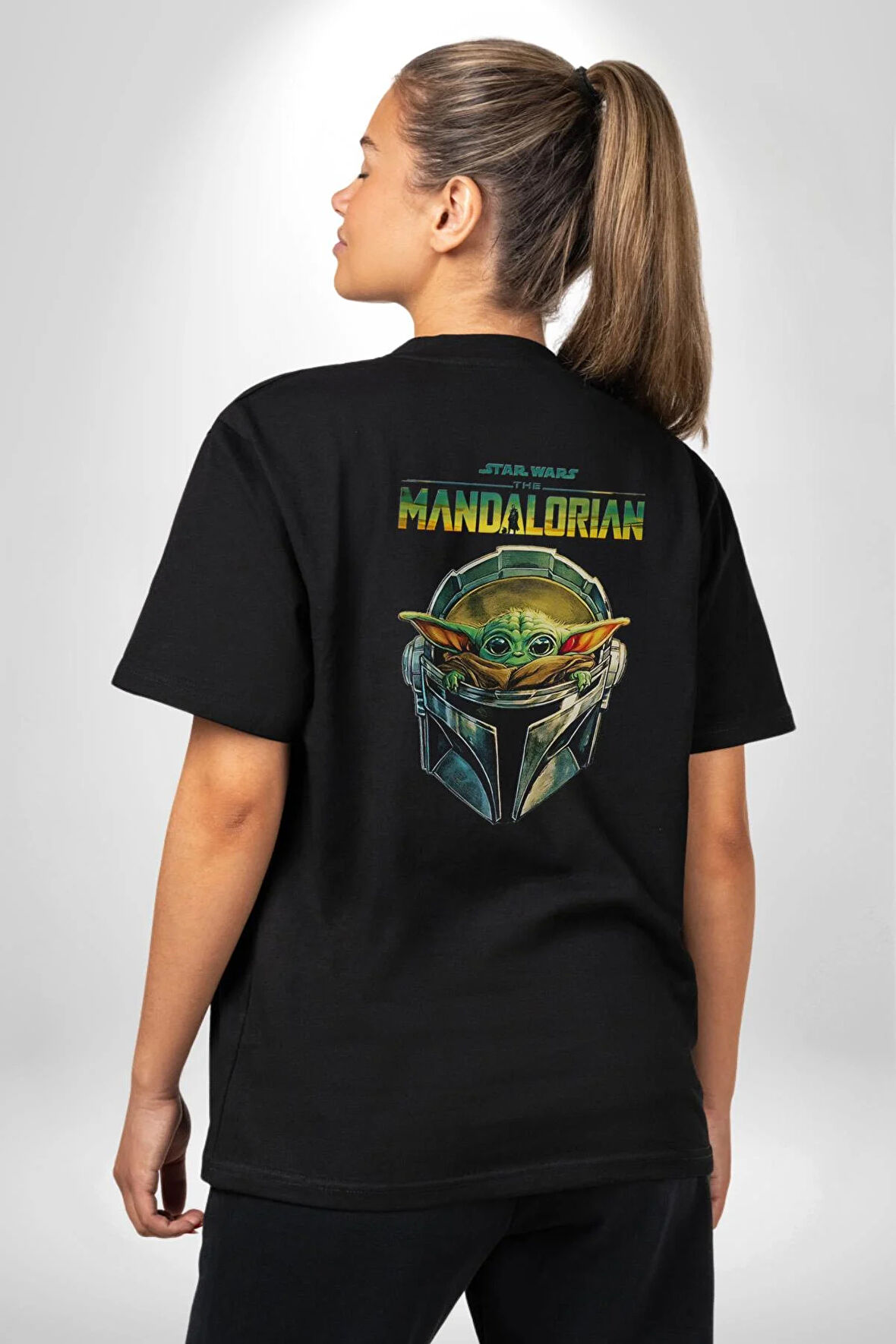 Star Wars The Mandalorian Grogu Pamuklu Kadın Erkek Oversize Sırt Dijital Baskılı Siyah T-shirt