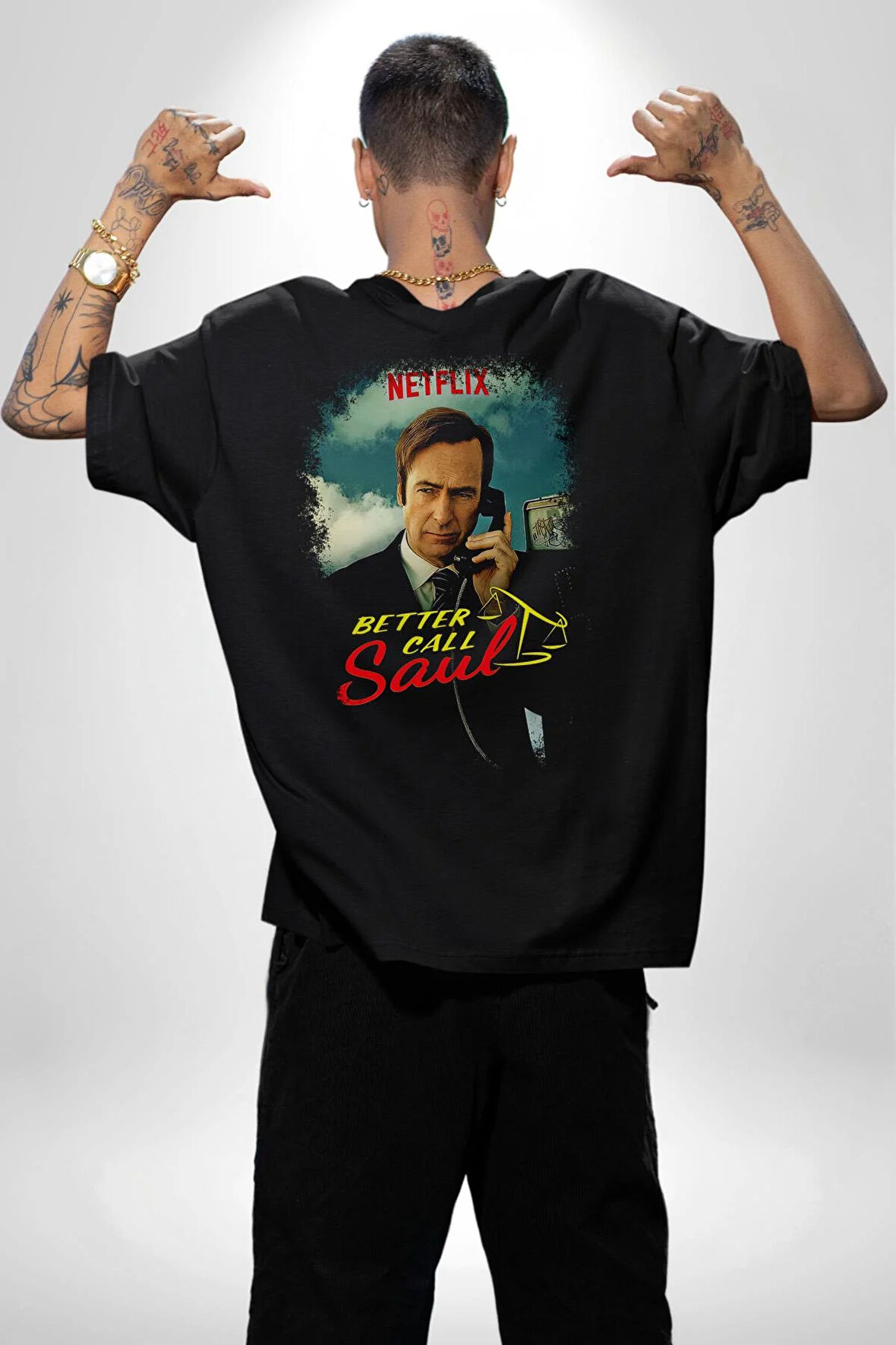Better Call Saul Dizi Karakteri Pamuklu Kadın Erkek Oversize Sırt Dijital Baskılı Siyah T-shirt