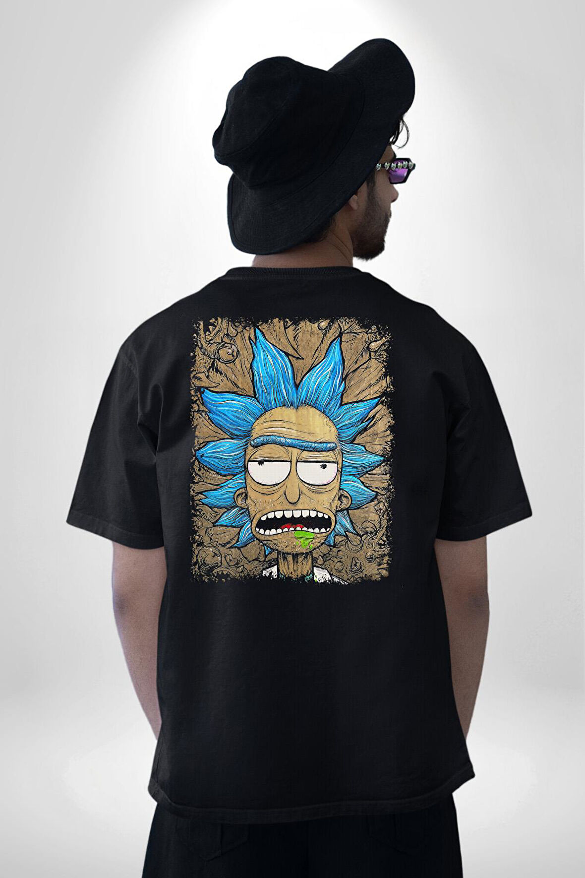 Rick Ve Morty Dede Rick Pamuklu Kadın Erkek Oversize Sırt Dijital Baskılı Siyah T-shirt