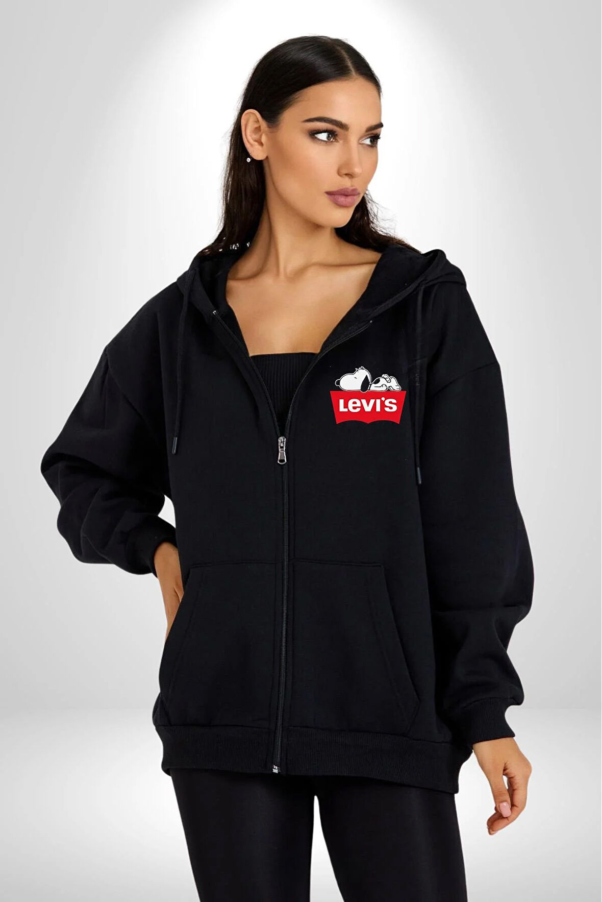 Snoppy Levi's Çizgi Film Kadın Erkek Siyah Kapüşonlu Fermuarlı Baskılı Hırka Sweatshirt