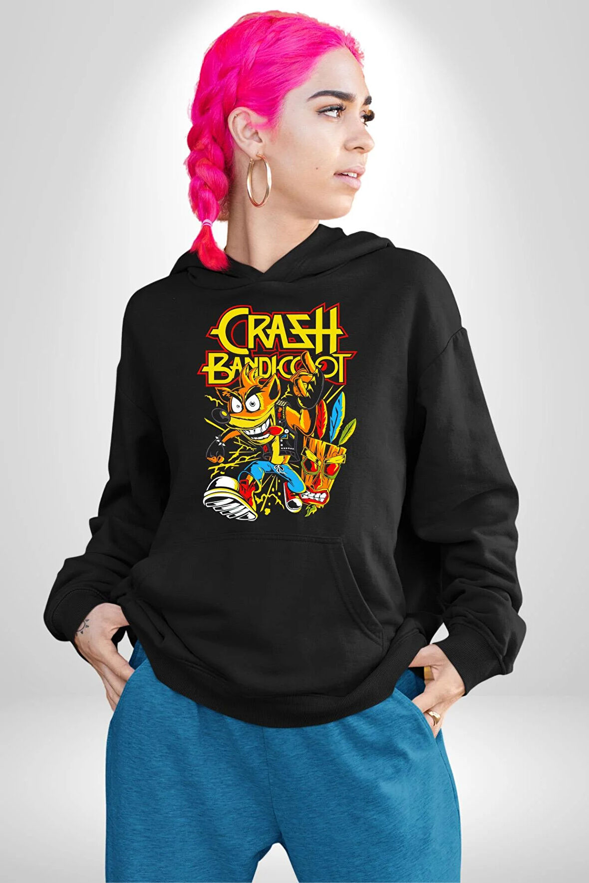 Crash Baandicoot Oyun Karakterleri Kadın Erkek  Siyah Kapüşonlu Sweatshirt Hoodie