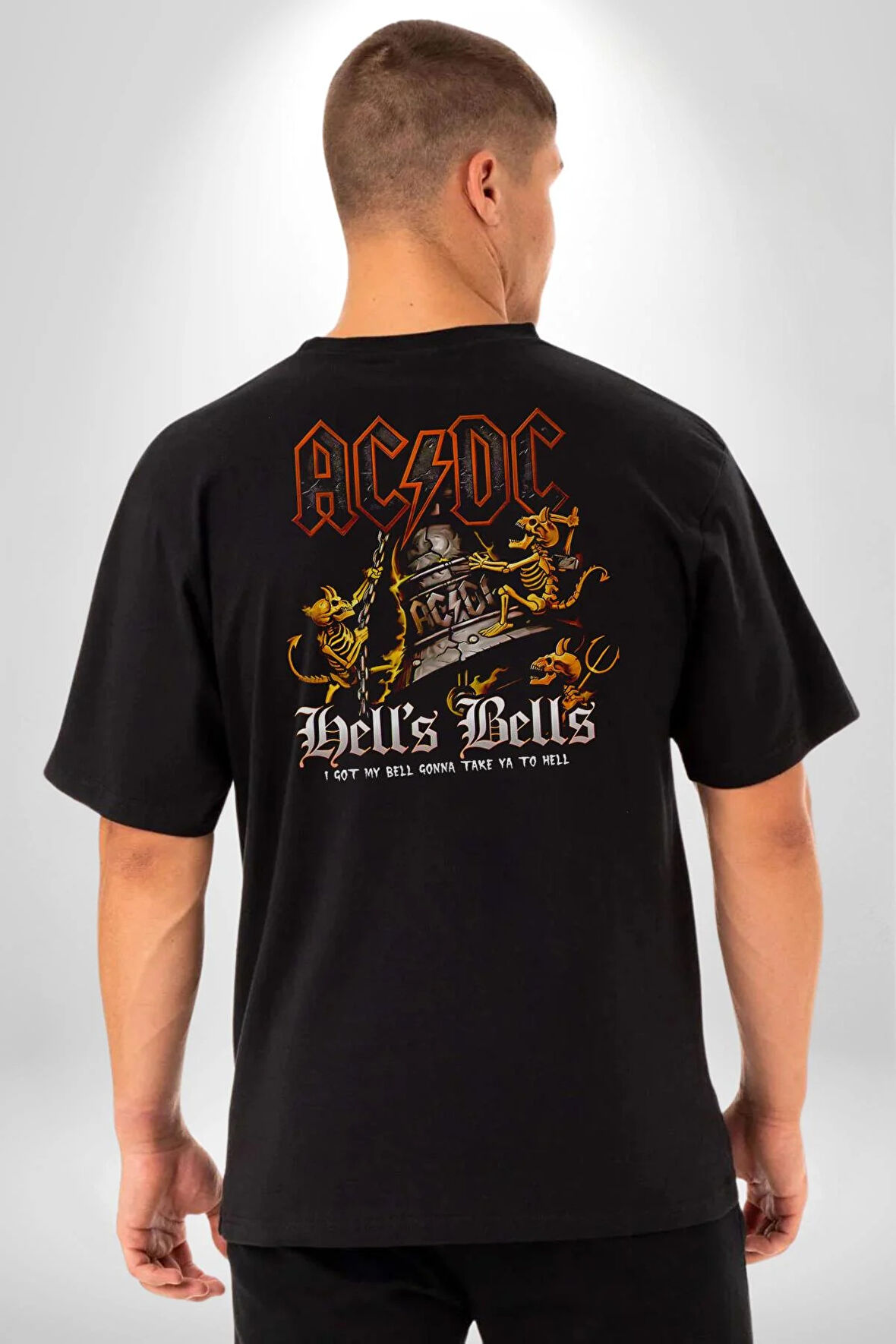 AC DC Rock Grubu Hell Pamuklu Kadın Erkek Oversize Sırt Dijital Baskılı Siyah T-shirt