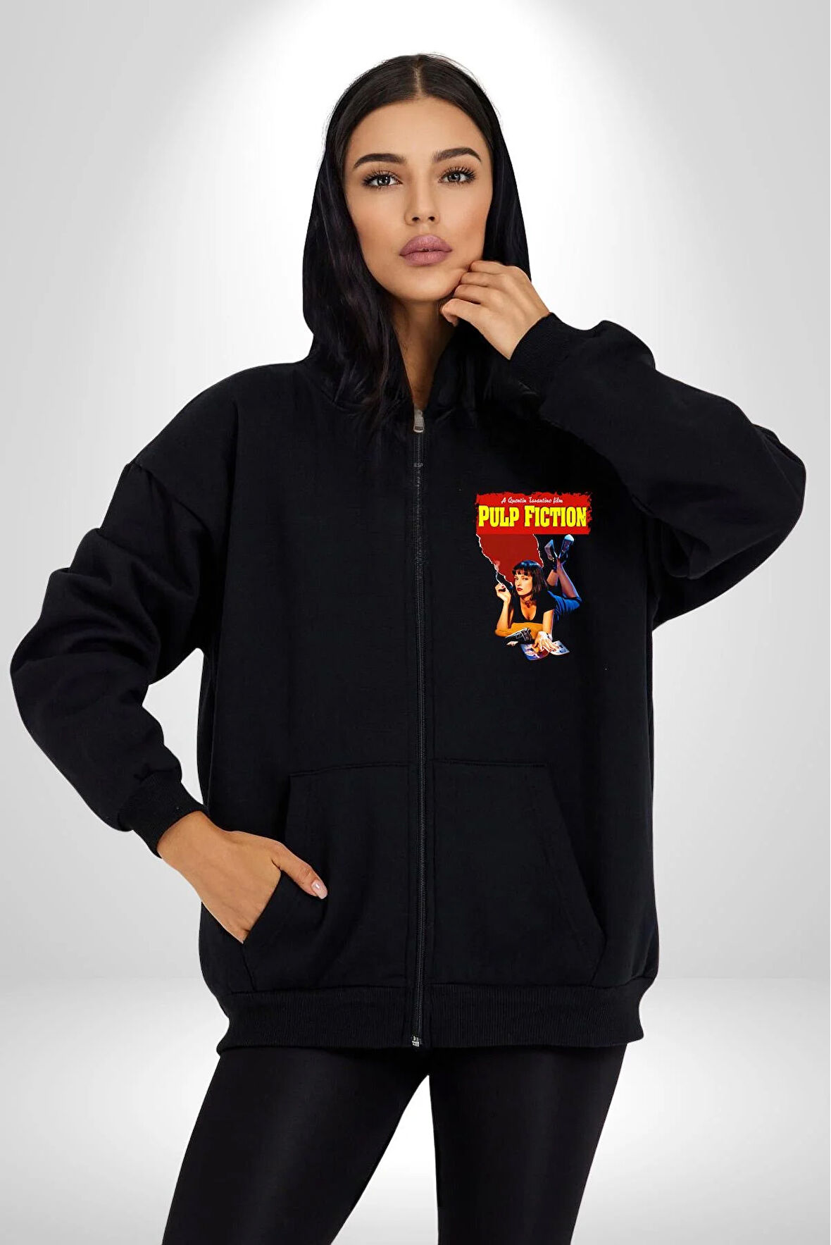 Pulp Fiction Film Afişi Ucuz Roman Kadın Erkek Siyah Kapüşonlu Fermuarlı Baskılı Hırka Sweatshirt