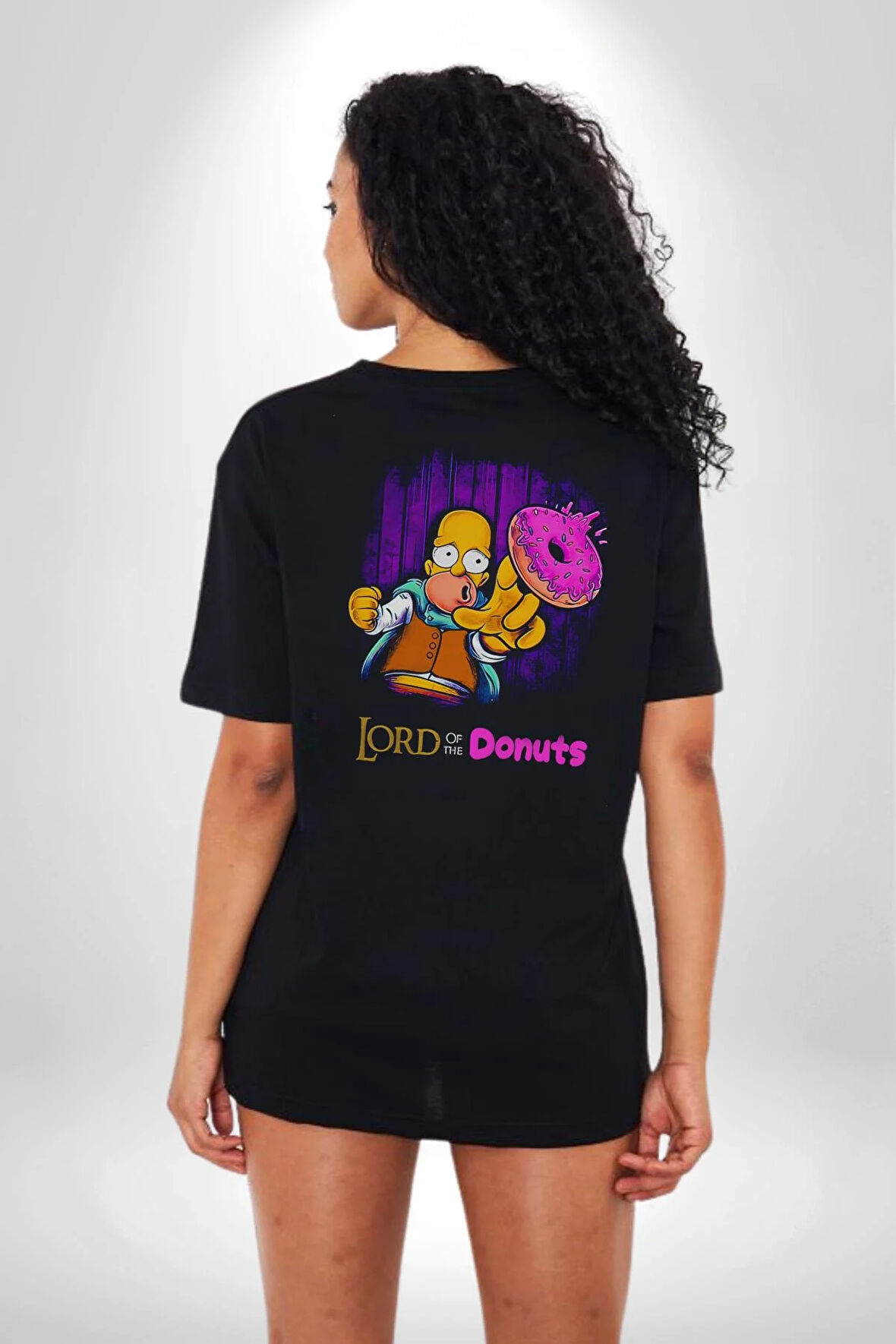 Lord Of The Donuts Simpson Pamuklu Kadın Erkek Oversize Sırt Dijital Baskılı Siyah T-shirt