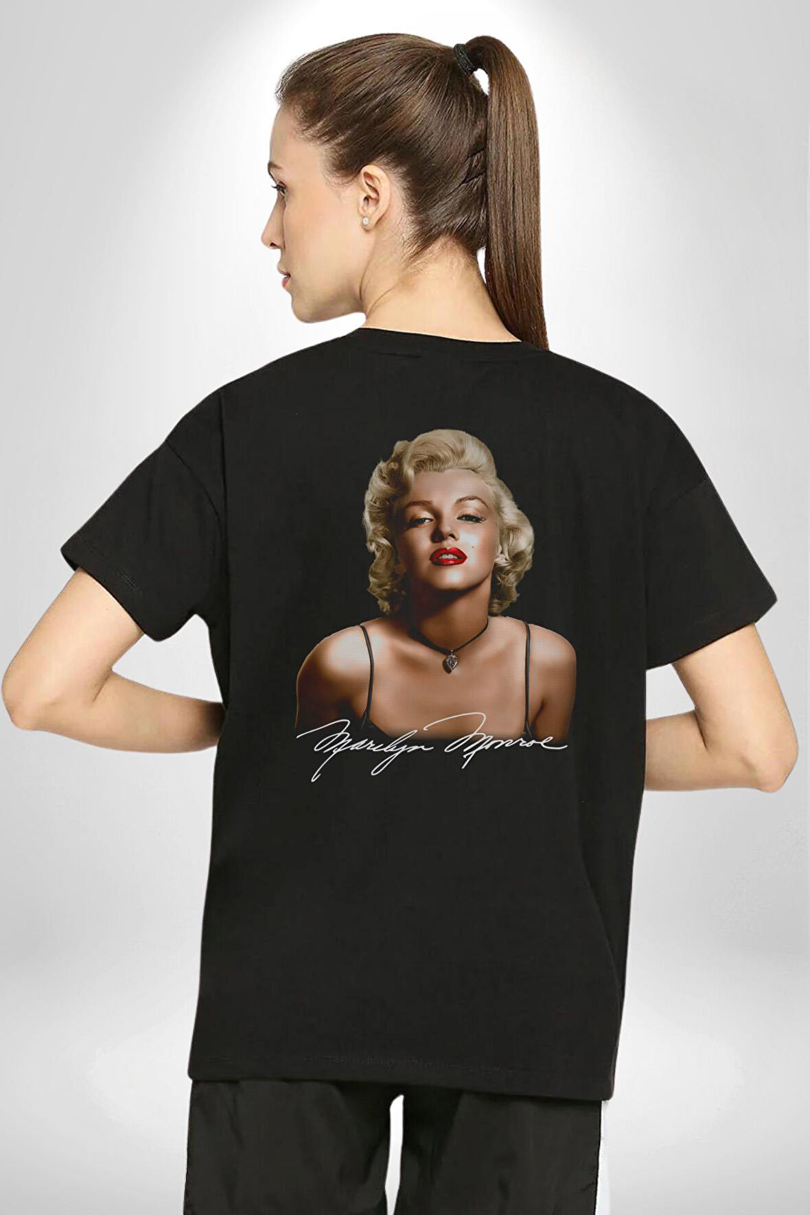 Marilyn Monroe İmzası Pamuklu Kadın Erkek Oversize Sırt Dijital Baskılı Siyah T-shirt