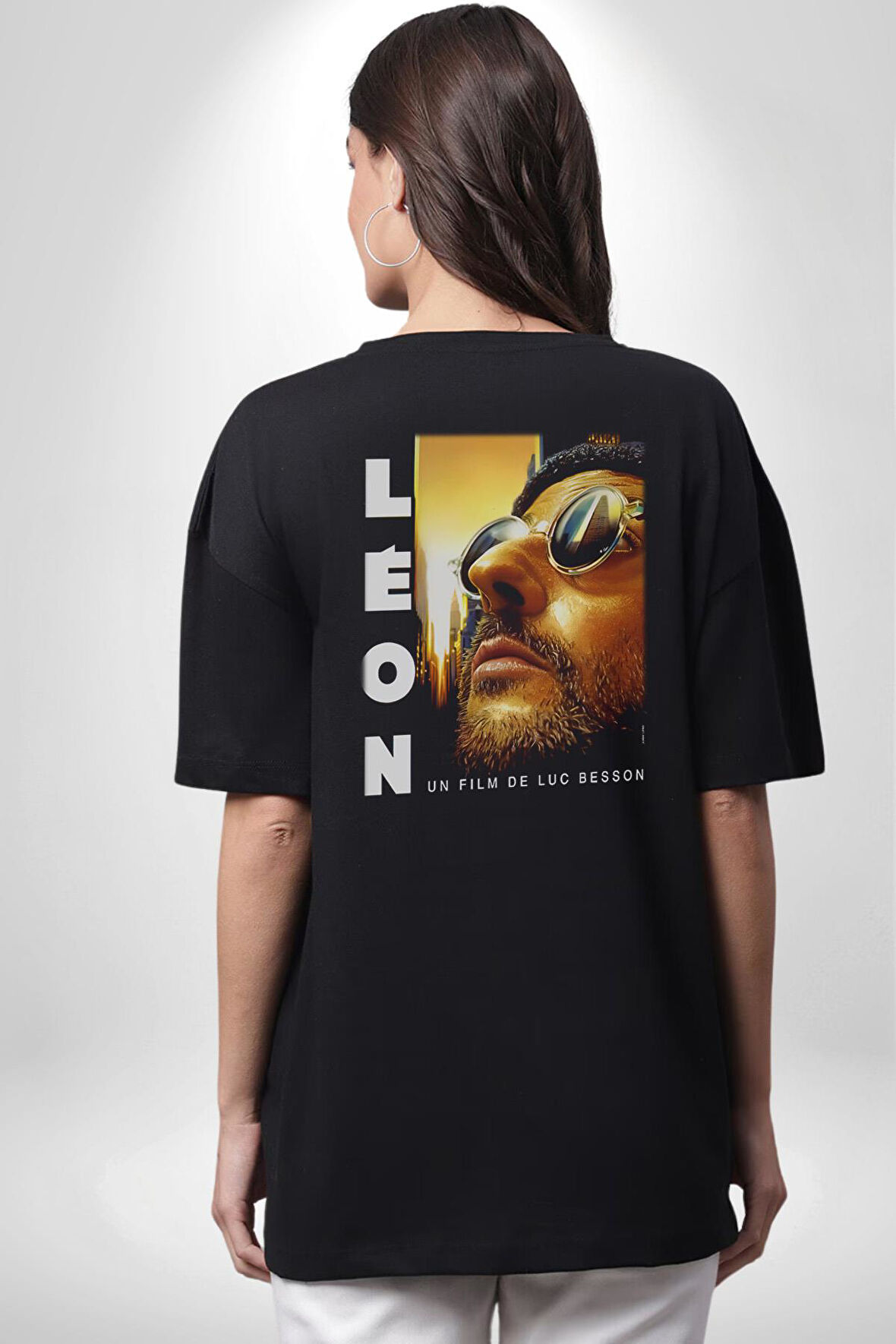 Leon Film  Pamuklu Kadın Erkek Oversize Sırt Dijital Baskılı Siyah T-shirt