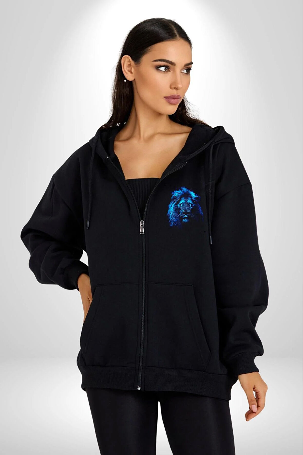 Aslan Mavi Gözlü Kadın Erkek Siyah Kapüşonlu Fermuarlı Baskılı Hırka Sweatshirt