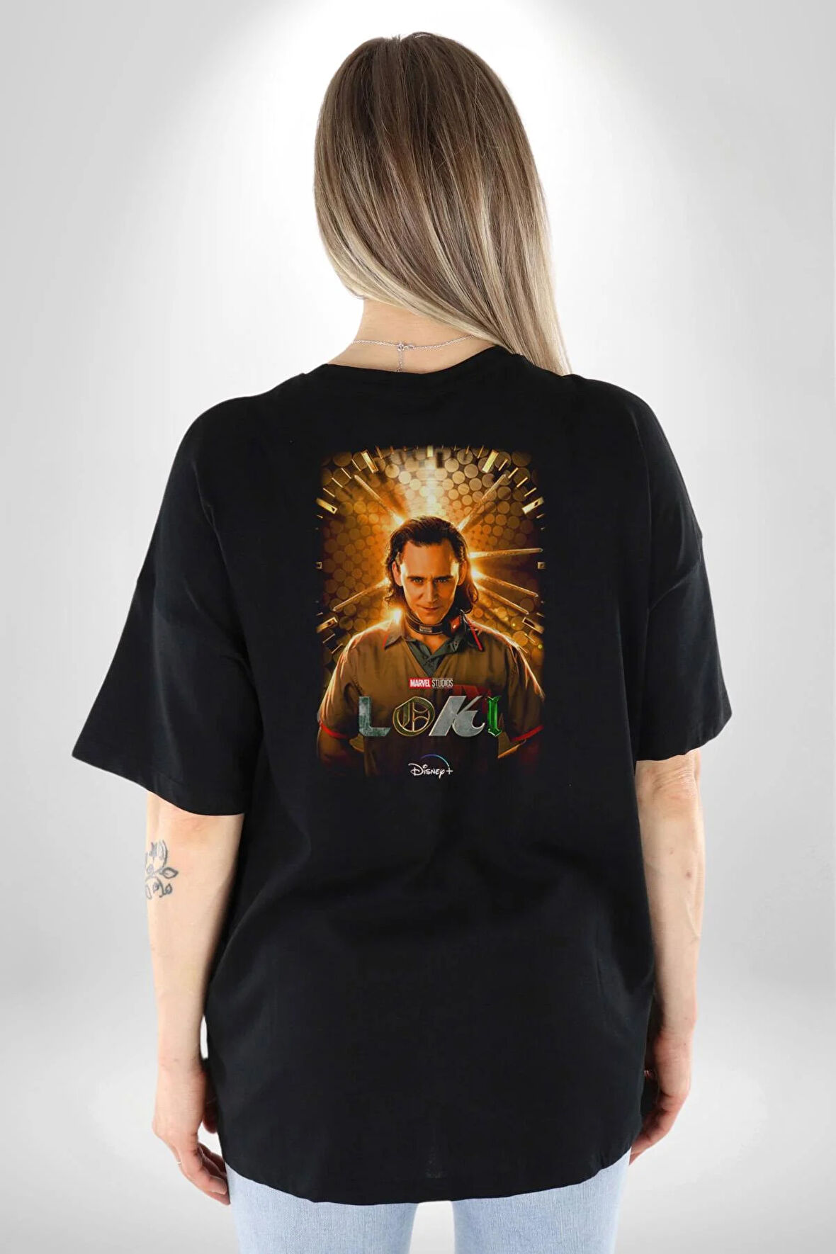 Loki Dizi Karakteri Pamuklu Kadın Erkek Oversize Sırt Dijital Baskılı Siyah T-shirt
