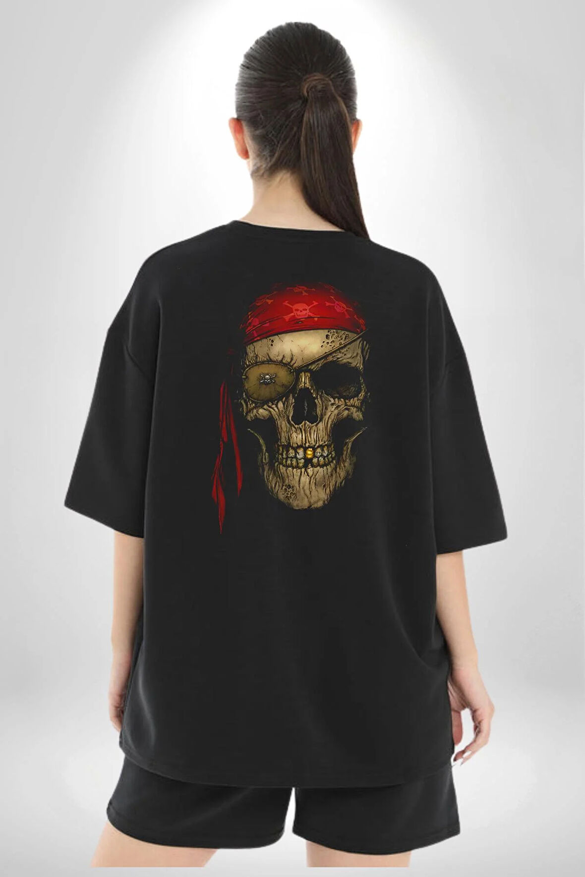 Karayip Korsan Kurukafa Pamuklu Kadın Erkek Oversize Sırt Dijital Baskılı Siyah T-shirt