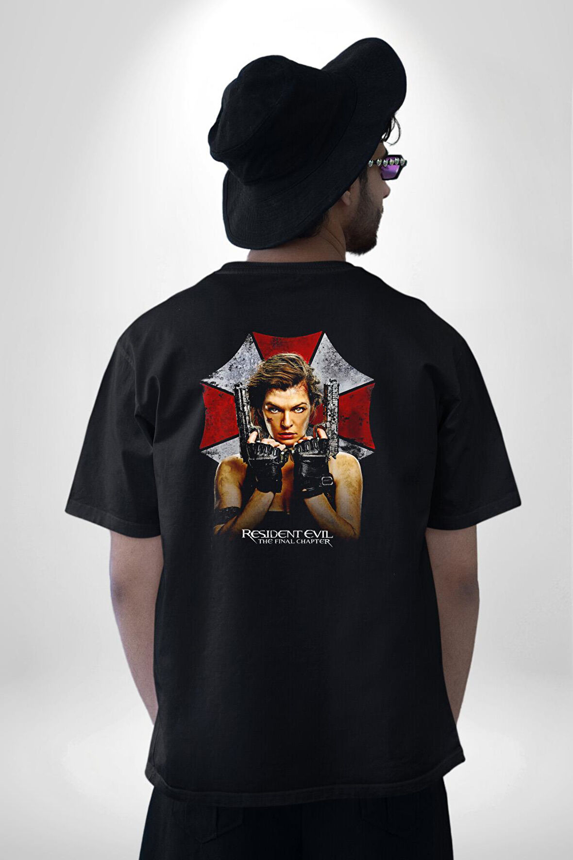 Resident Evil Film Pamuklu Kadın Erkek Oversize Sırt Dijital Baskılı Siyah T-shirt