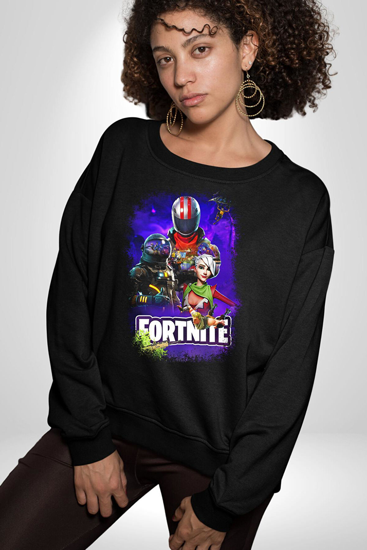 Fortnite Karakterleri Oyun Kadın Erkek Siyah Sweatshirt 