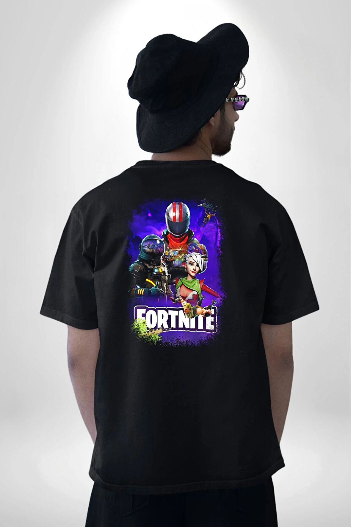 Fortnite Karakterleri Oyun Pamuklu Kadın Erkek Oversize Sırt Dijital Baskılı Siyah T-shirt