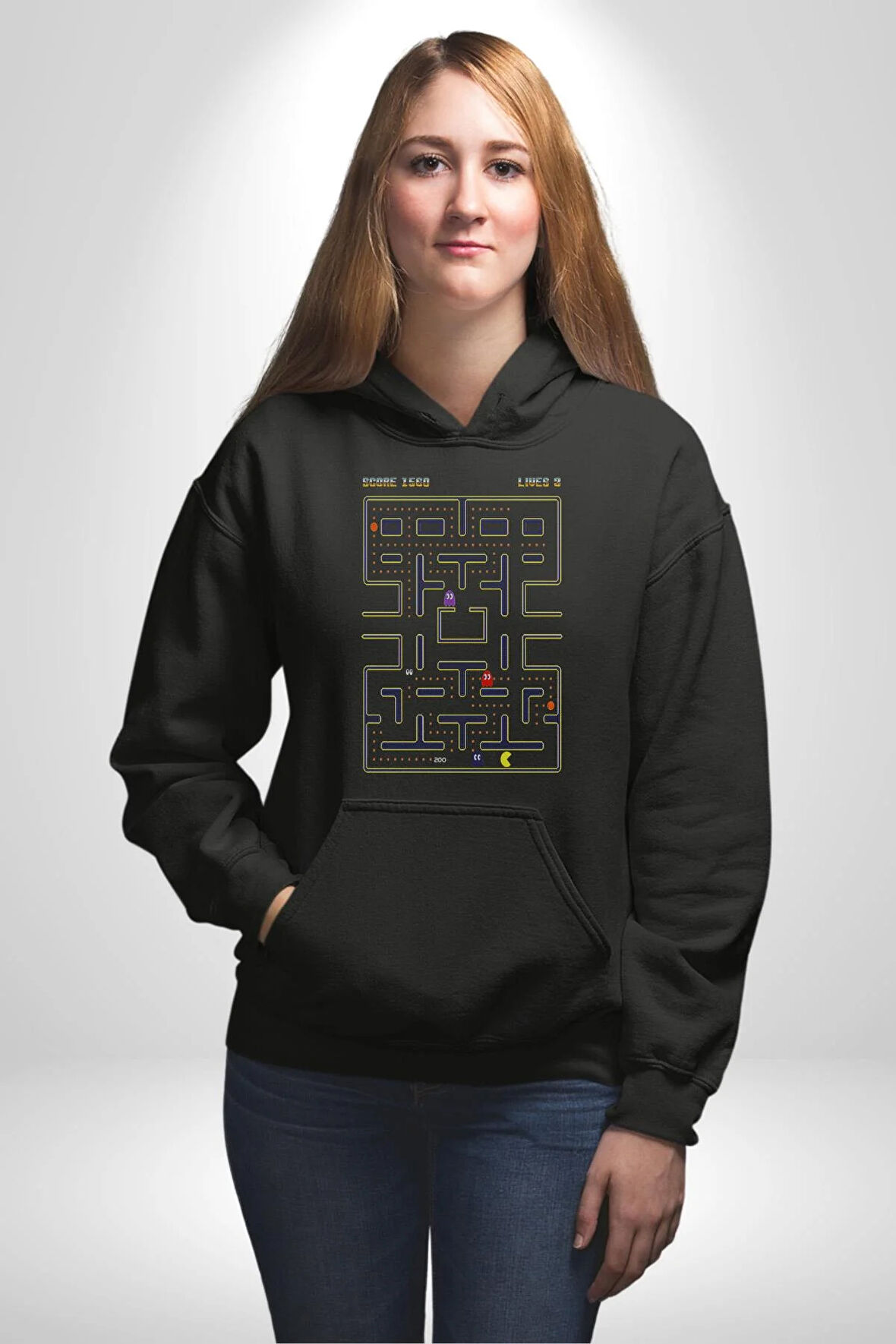Pac-Man Oyun Kadın Erkek  Siyah Kapüşonlu Sweatshirt Hoodie