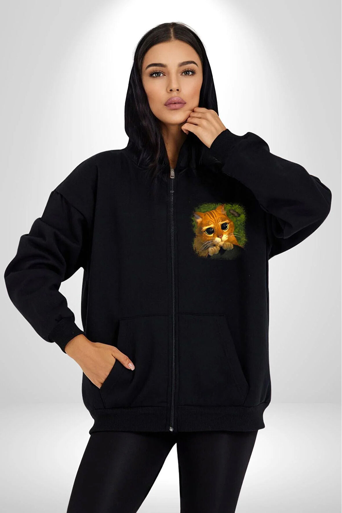 Çizmeli Kedi Çizgi Film Kadın Erkek Siyah Kapüşonlu Fermuarlı Baskılı Hırka Sweatshirt
