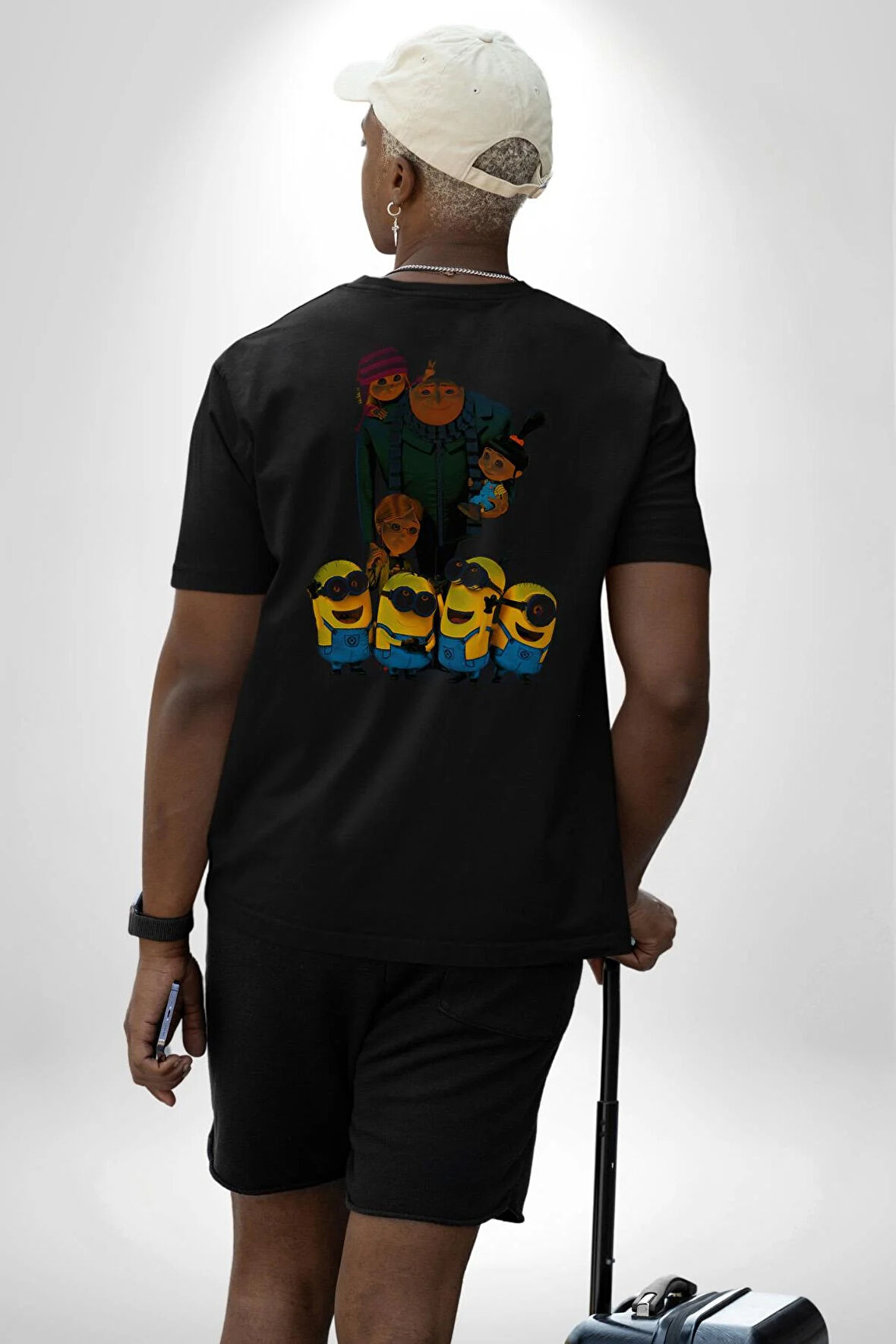 Çılgın Hırsız Minyonlar Pamuklu Kadın Erkek Oversize Sırt Dijital Baskılı Siyah T-shirt
