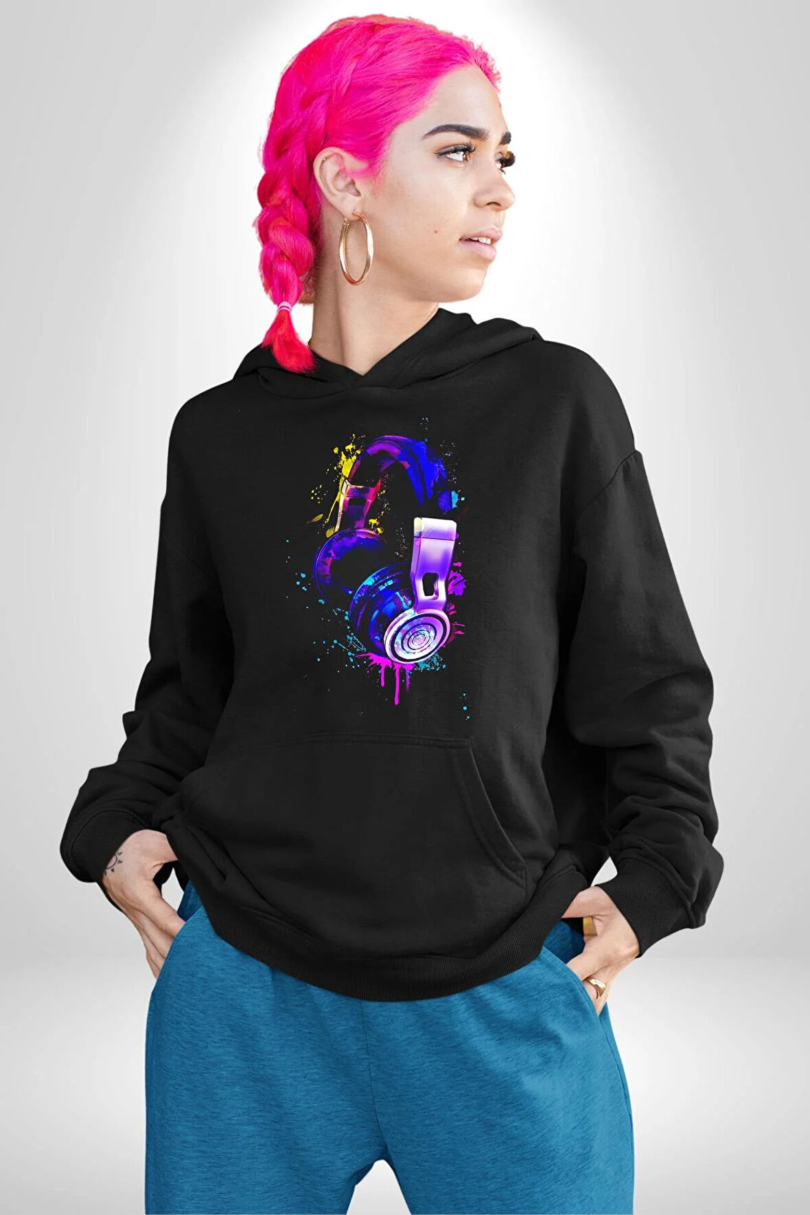 Gamer Oyuncu Kulaklığı Renkli Kadın Erkek  Siyah Kapüşonlu Sweatshirt Hoodie