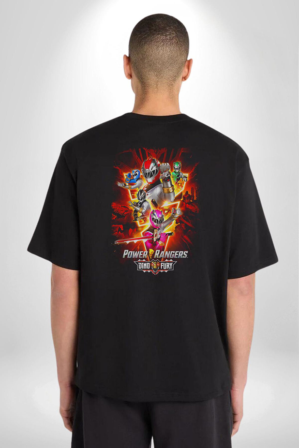 Power Ranger Animasyon Pamuklu Kadın Erkek Oversize Sırt Dijital Baskılı Siyah T-shirt