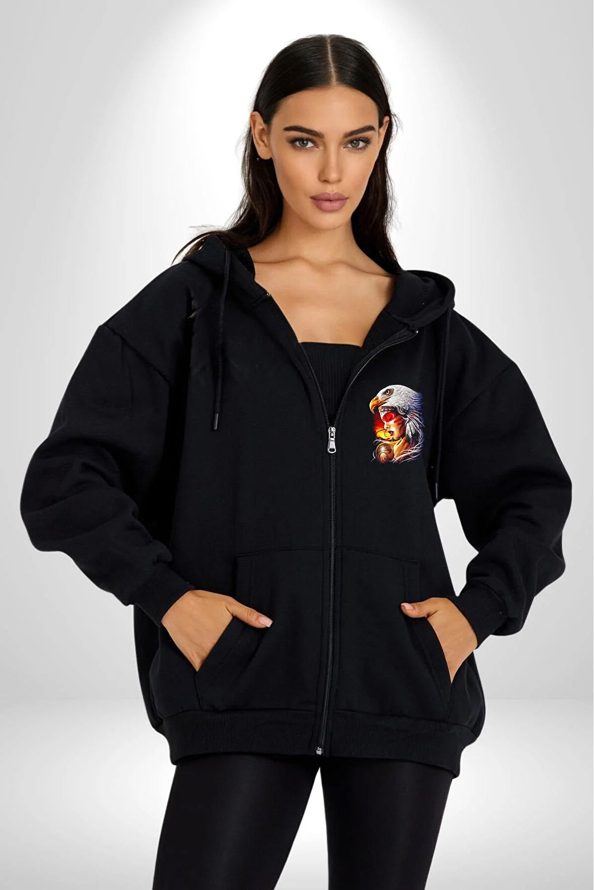 Kartal Kızıl Derili Kadın Erkek Siyah Kapüşonlu Fermuarlı Baskılı Hırka Sweatshirt