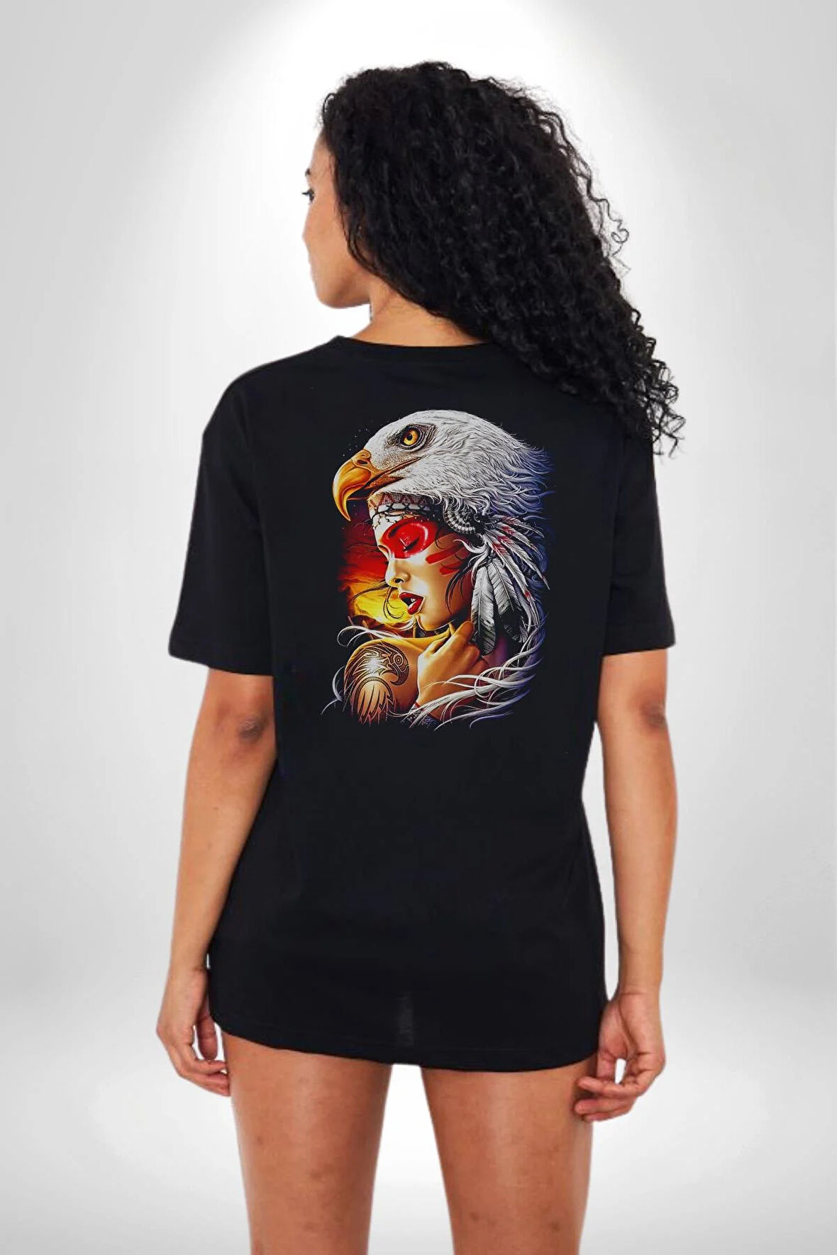 Kartal Kızıl Derili Pamuklu Kadın Erkek Oversize Sırt Dijital Baskılı Siyah T-shirt