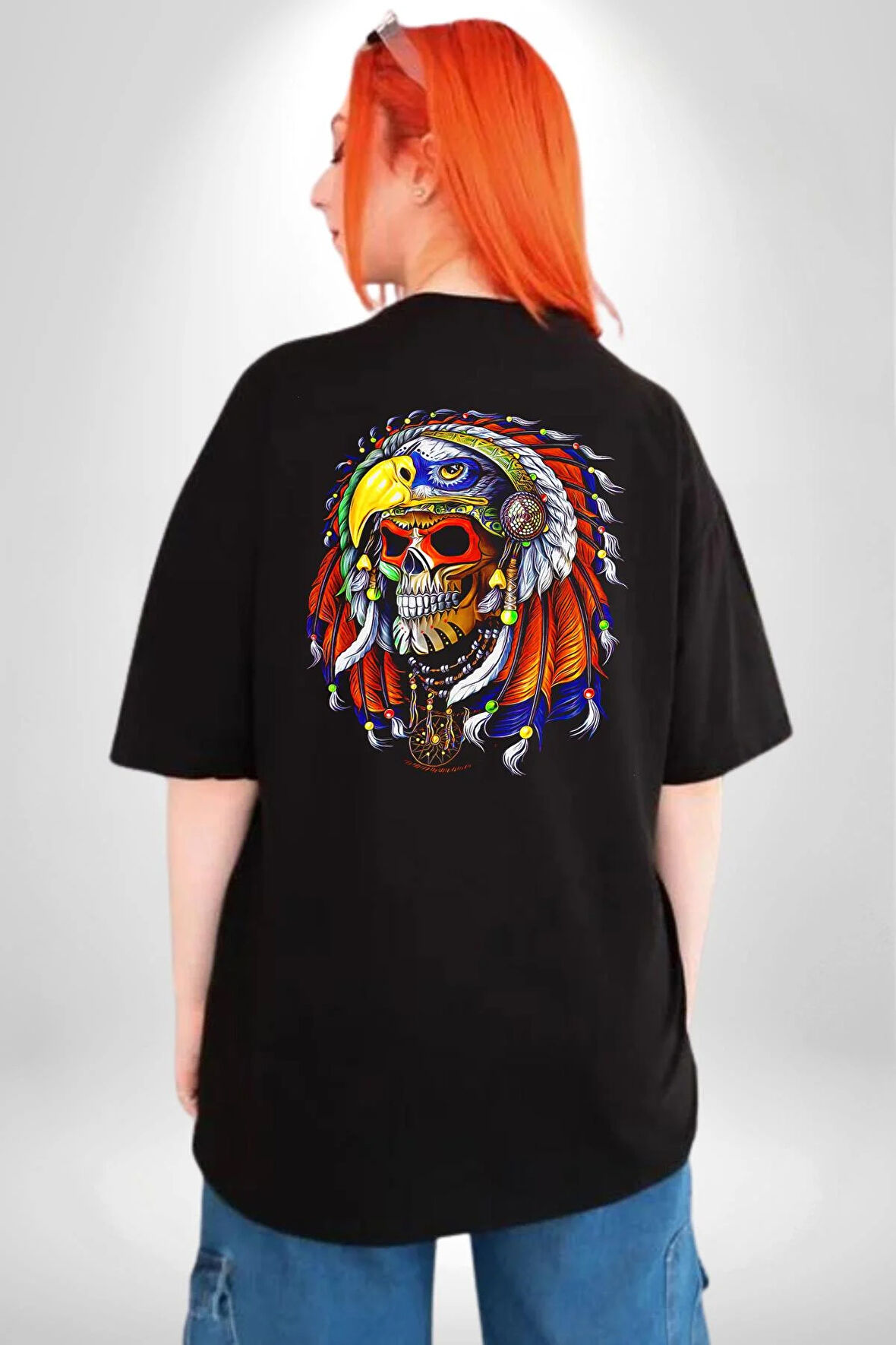 Kızıl Derili Kuru Kafa Düş Kapanı Pamuklu Kadın Erkek Oversize Sırt Dijital Baskılı Siyah T-shirt