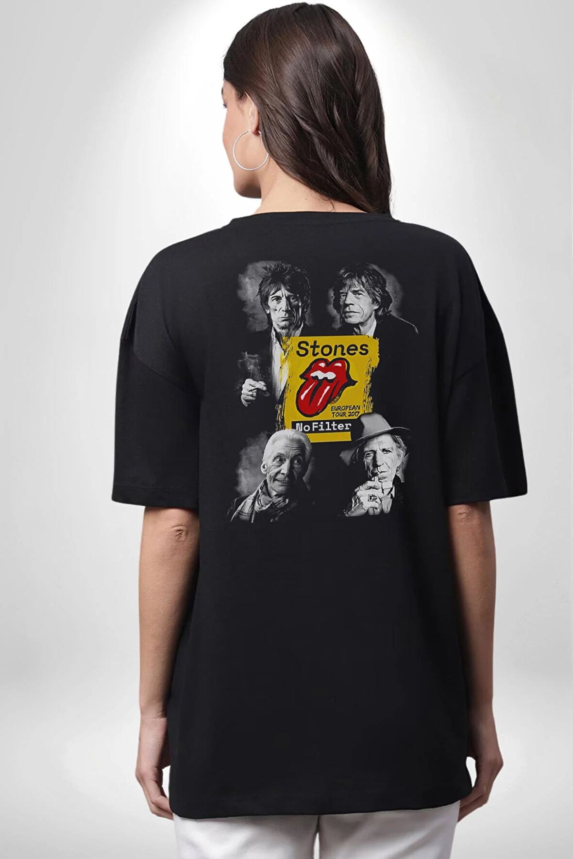 Rolling Stones Pamuklu Kadın Erkek Oversize Sırt Dijital Baskılı Siyah T-shirt