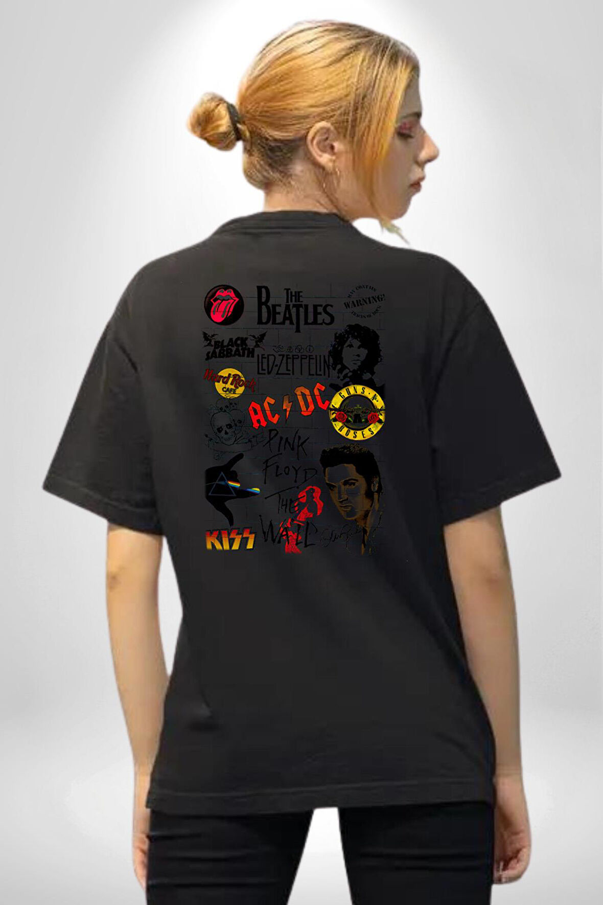 Ünlü Rock Yıldızları Karma Pamuklu Kadın Erkek Oversize Sırt Dijital Baskılı Siyah T-shirt