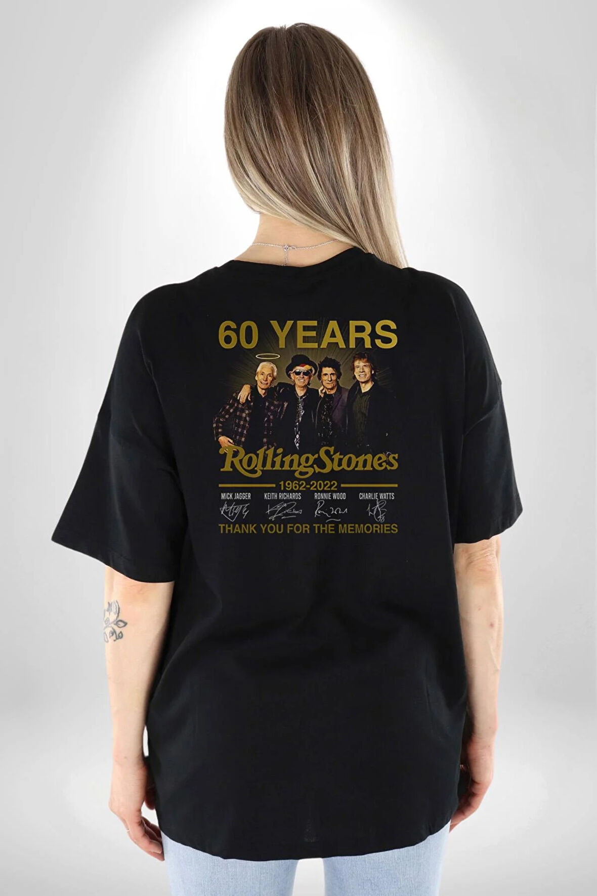 Rolling Stones Grup 60.Yıl İmza Pamuklu Kadın Erkek Oversize Sırt Dijital Baskılı Siyah T-shirt