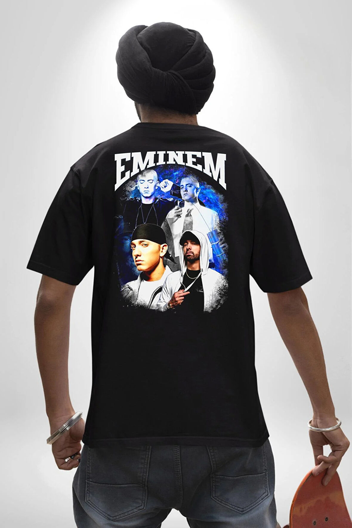 EMINEM Pamuklu Kadın Erkek Oversize Sırt Dijital Baskılı Siyah T-shirt