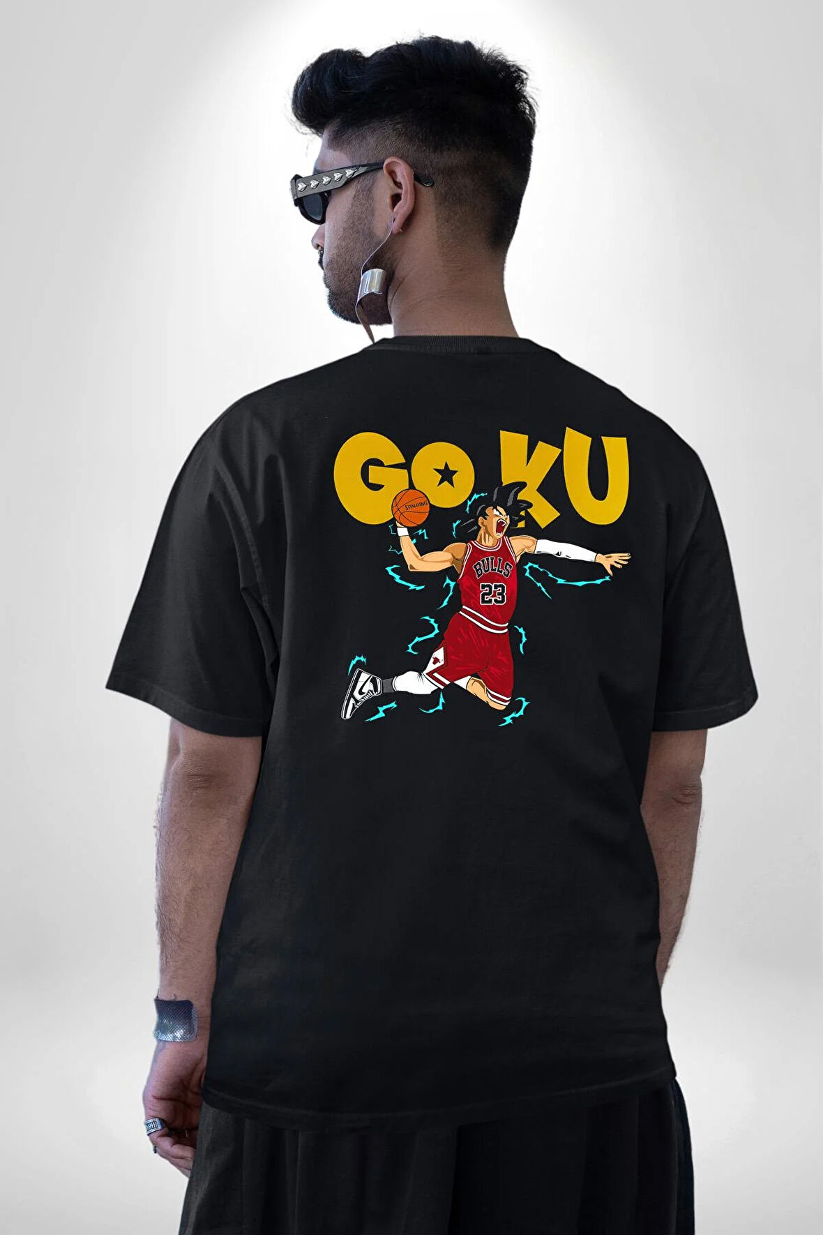 GOKU Basketbol Anime Pamuklu Kadın Erkek Oversize Sırt Dijital Baskılı Siyah T-shirt