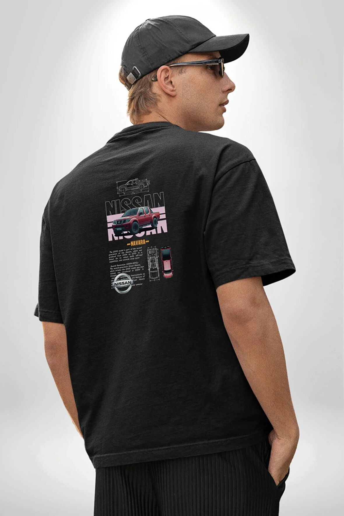 Camioneta NISSAN Pamuklu Kadın Erkek Oversize Sırt Dijital Baskılı Siyah T-shirt