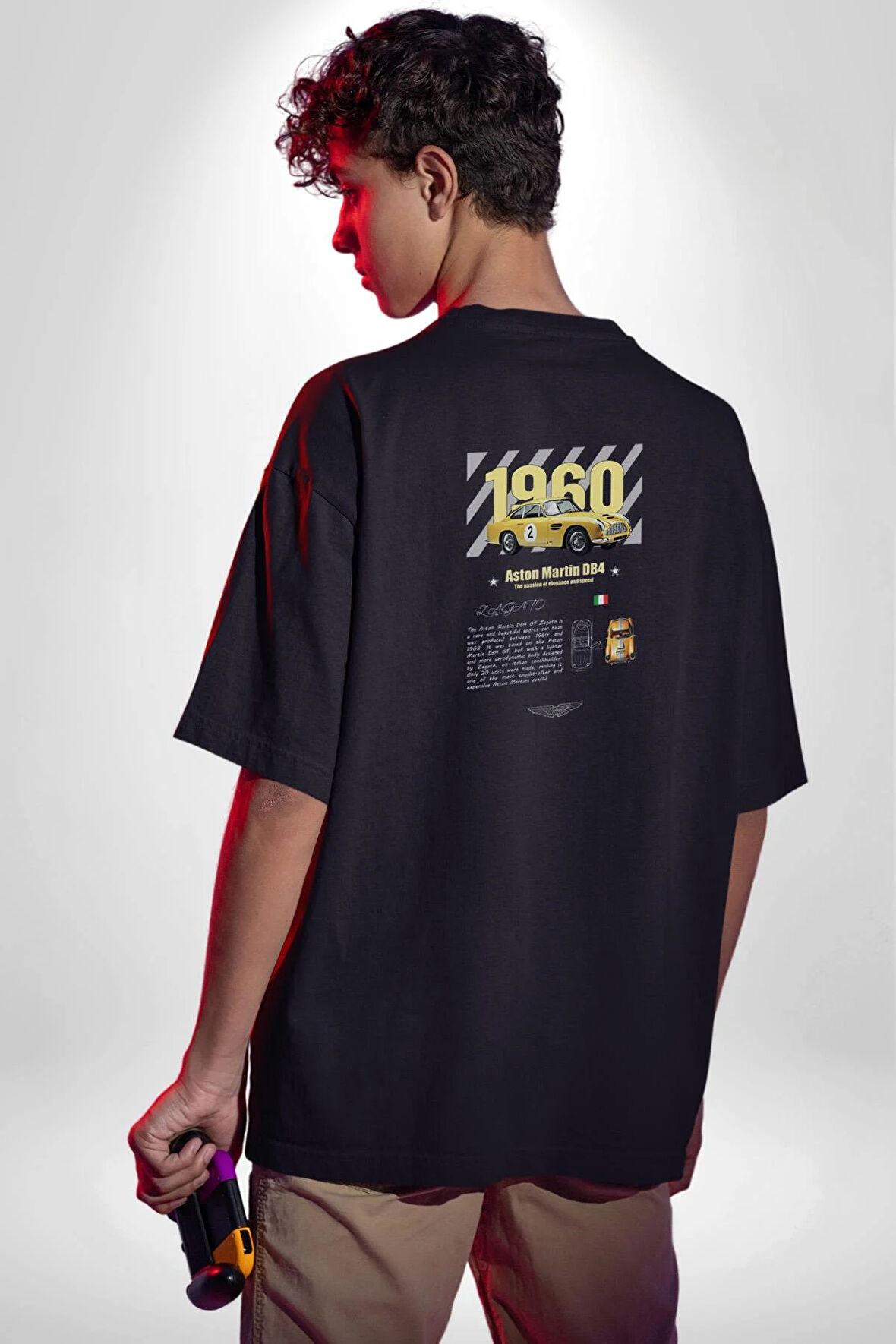 1960 Aston Martin DB4 İtalyan Klasik Pamuklu Kadın Erkek Oversize Sırt Dijital Baskılı Siyah T-shirt