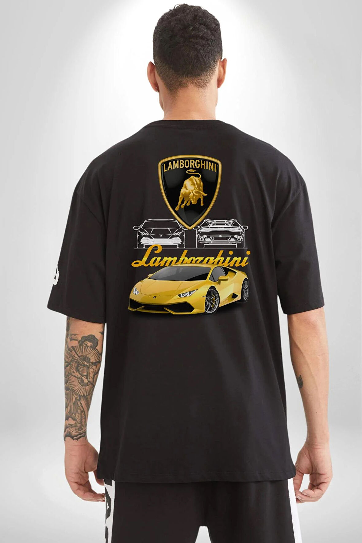 Lamborghini  Pamuklu Kadın Erkek Oversize Sırt Dijital Baskılı Siyah T-shirt