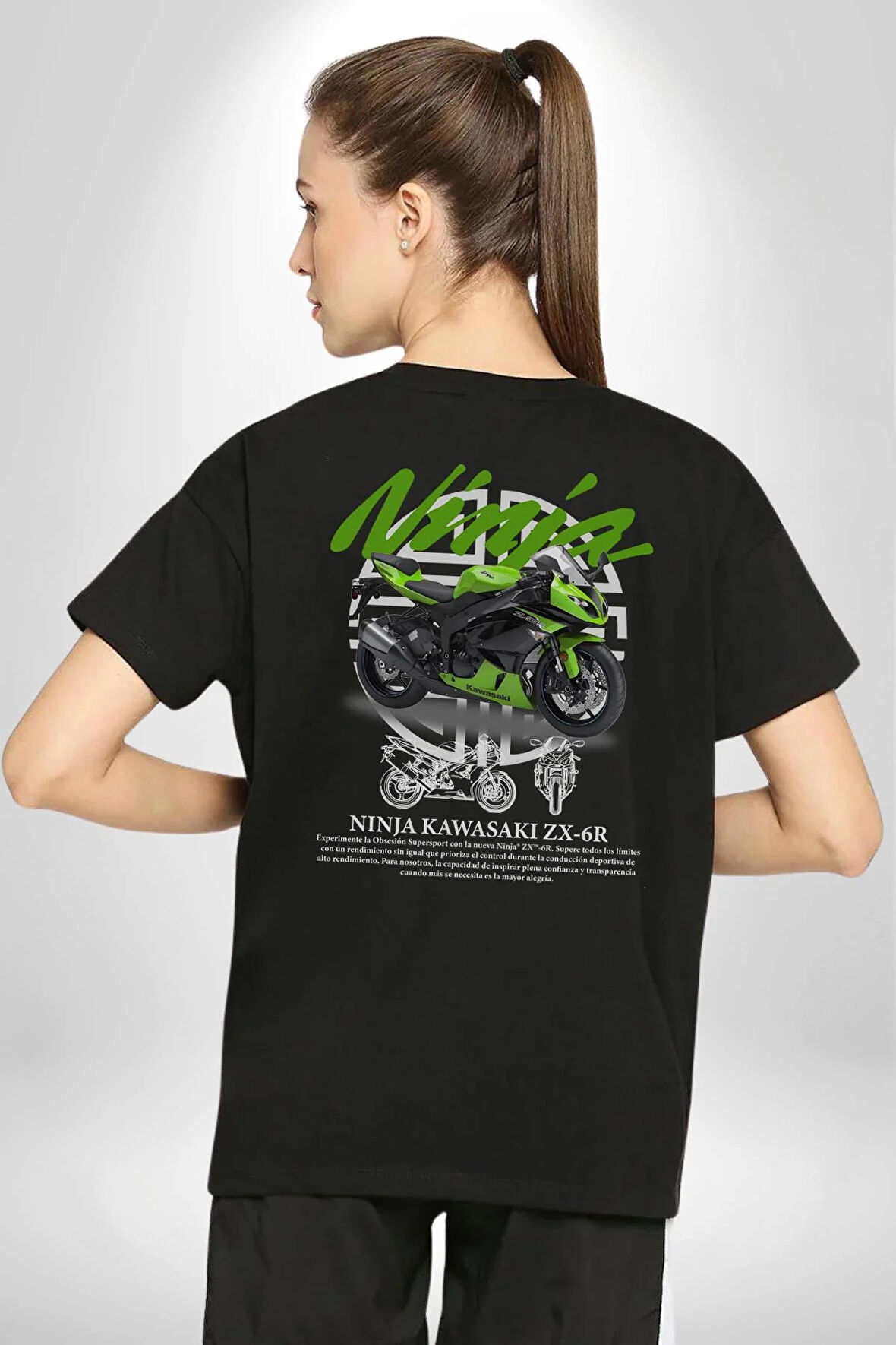 Kawasaki Ninja ZX-6R 636 Pamuklu Kadın Erkek Oversize Sırt Dijital Baskılı Siyah T-shirt
