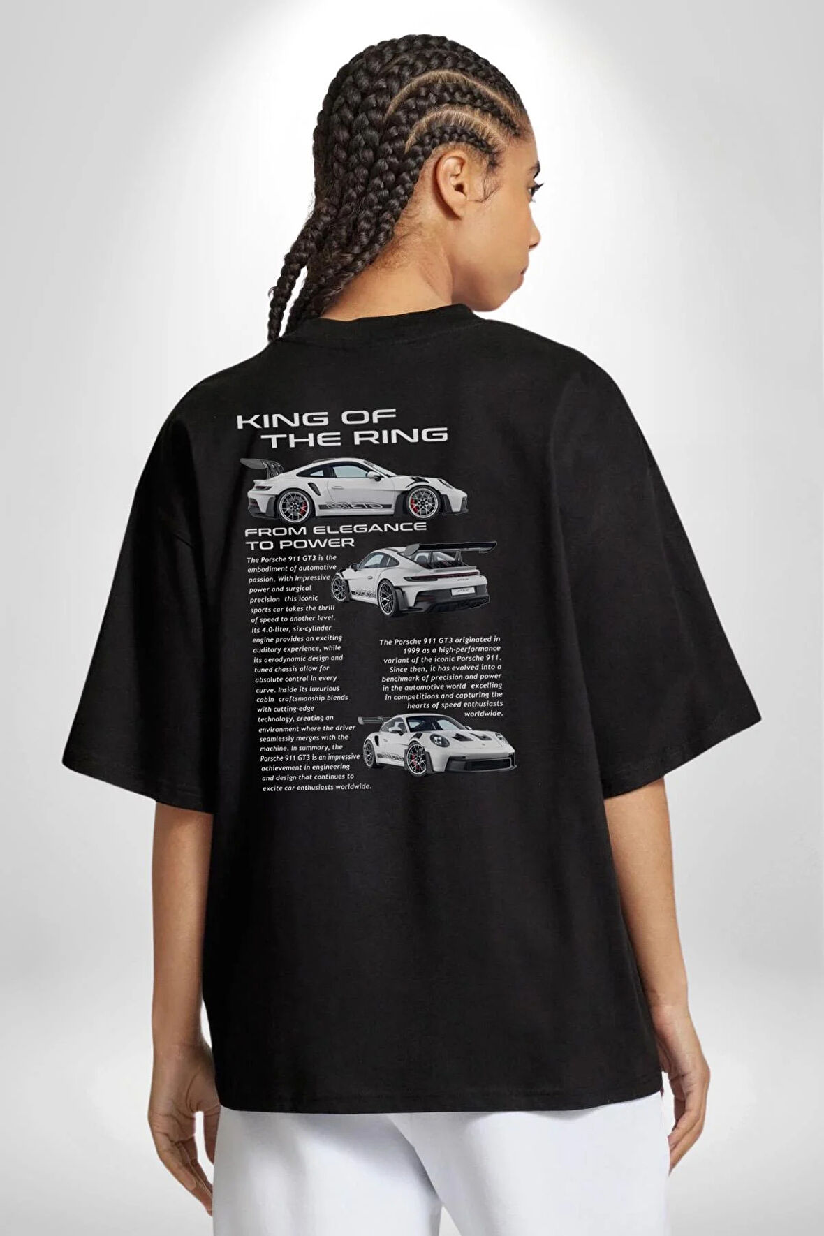Porsche 911 GT3 RS Pamuklu Kadın Erkek Oversize Sırt Dijital Baskılı Siyah T-shirt
