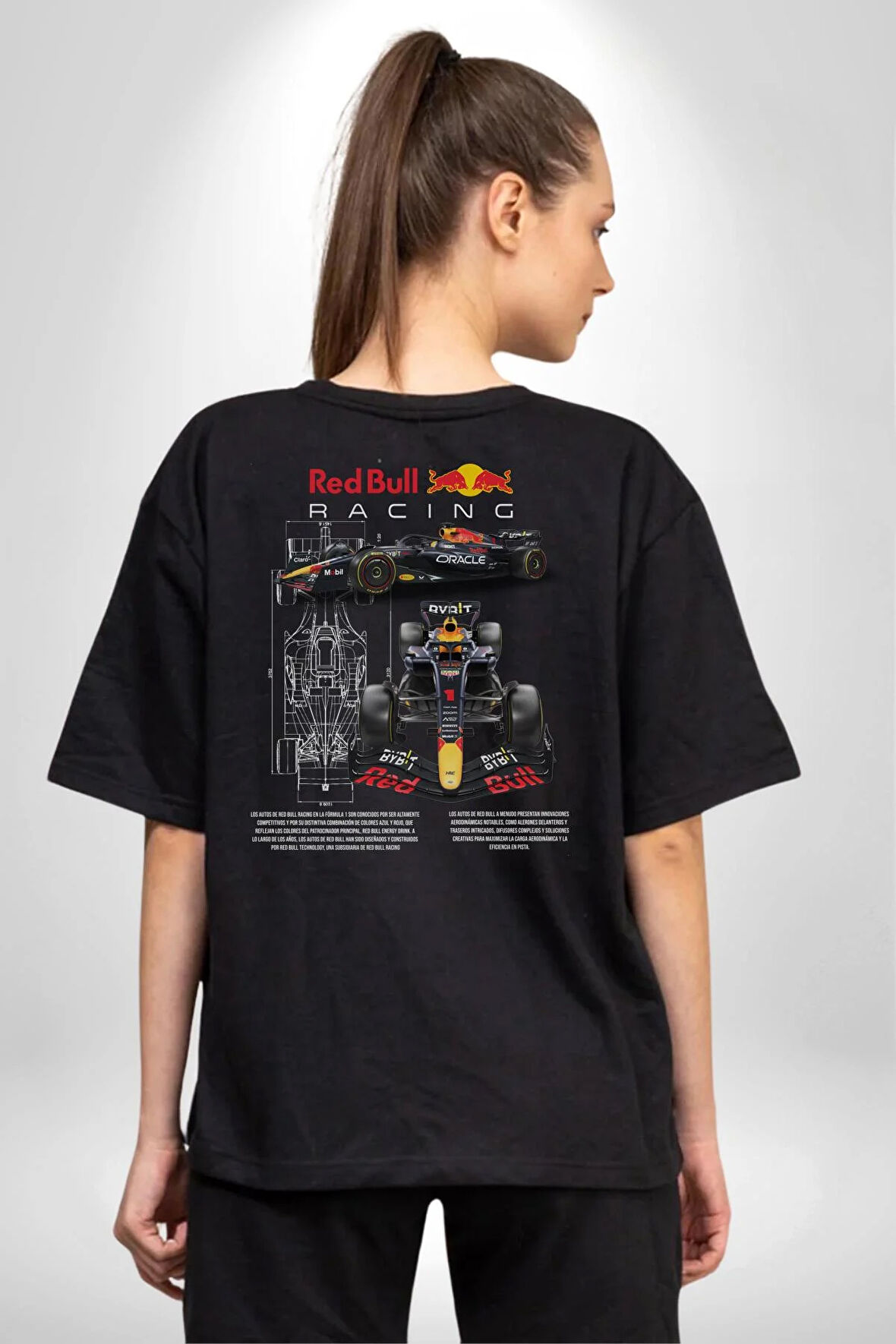 Red Bull Racing RB19 Yarış Arabası Pamuklu Kadın Erkek Oversize Sırt Dijital Baskılı Siyah T-shirt