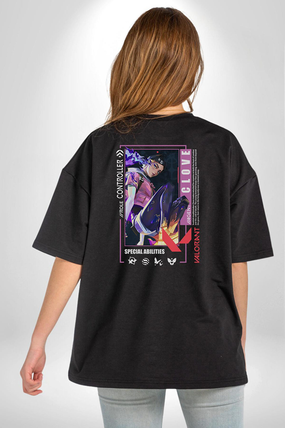 Valorant CLOVE Ajan Oyun Karakter Özellikleri Pamuklu Kadın Erkek Oversize Sırt Dijital Baskılı Siyah T-shirt