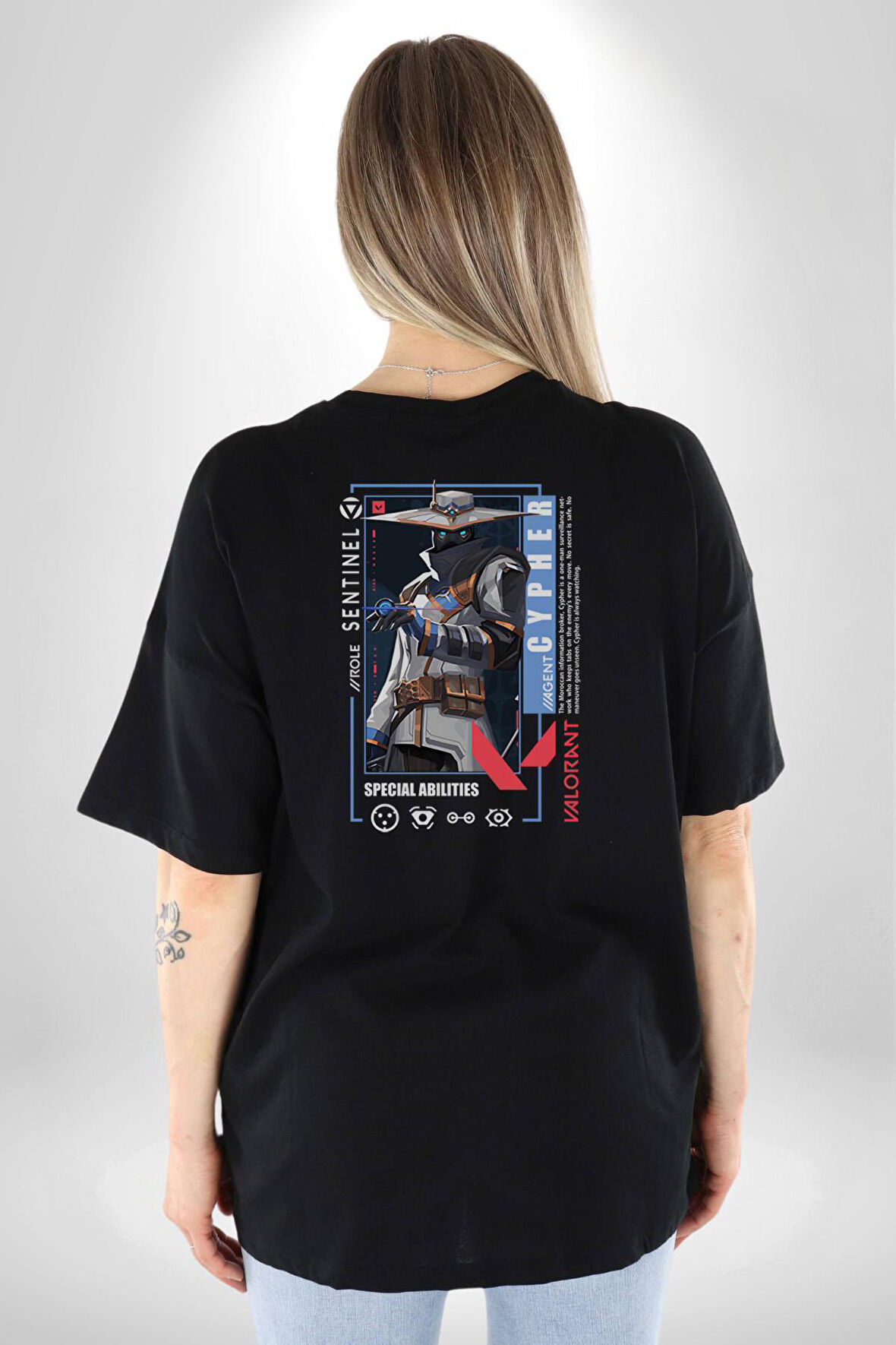 Valorant  CYPHER Ajan Oyun Karakter Özellikleri Pamuklu Kadın Erkek Oversize Sırt Dijital Baskılı Siyah T-shirt