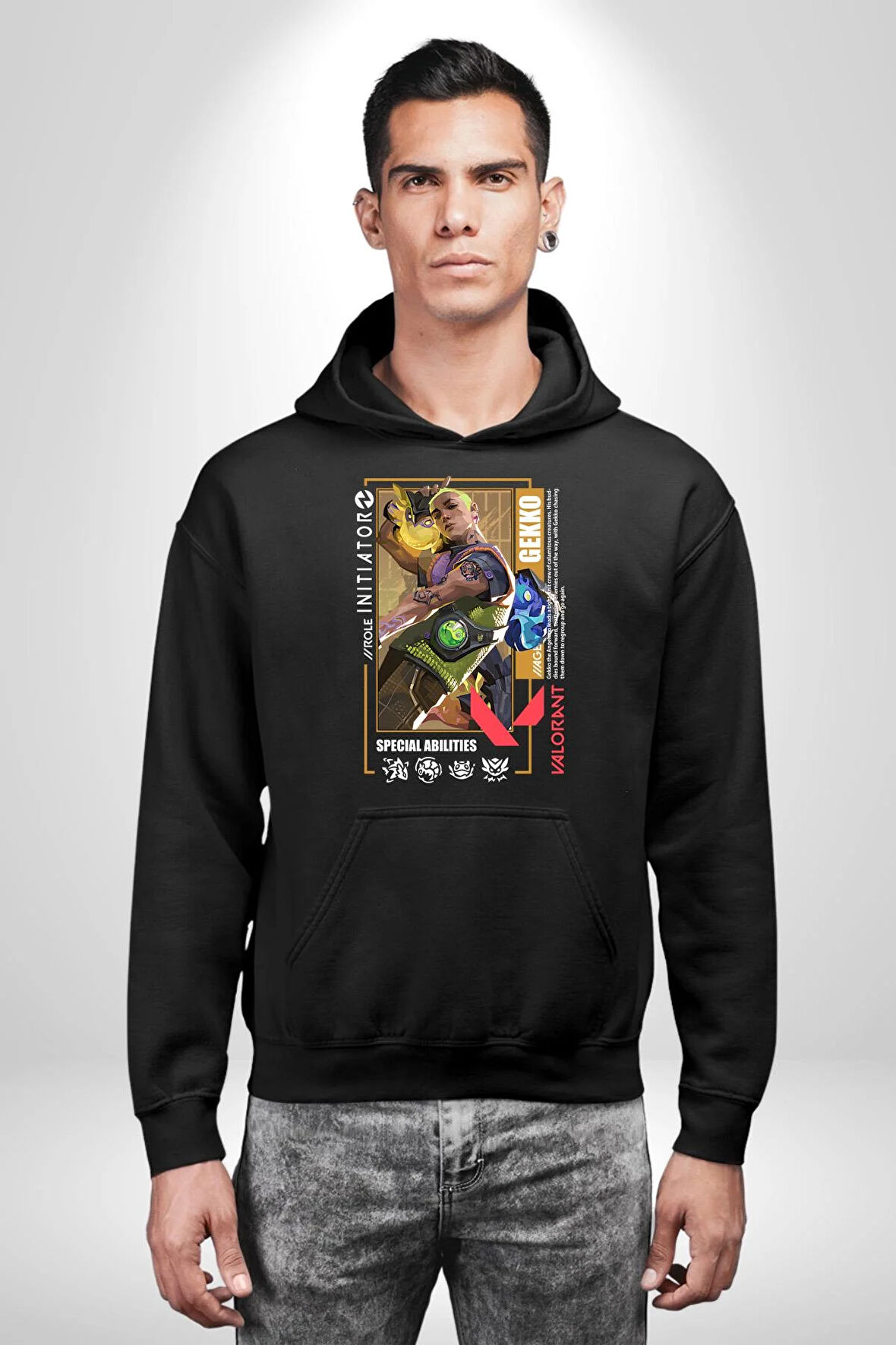 Valorant  GEKKO Ajan Oyun Karakter Özellikleri Kadın Erkek  Siyah Kapüşonlu Sweatshirt Hoodie